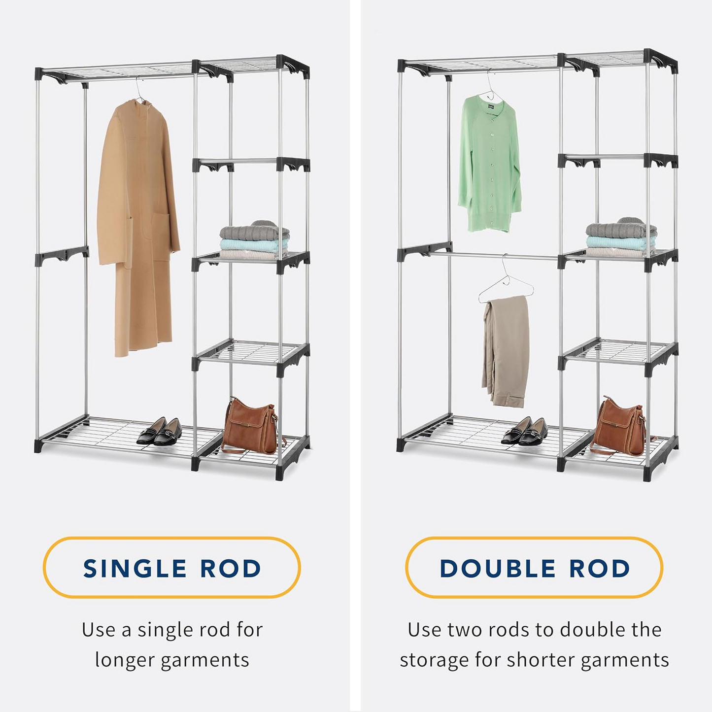 Brand New Amazon Basics Double Rod Closet,Freestanding Wardrobe, Coat Rack, Shoe Rack, Silver