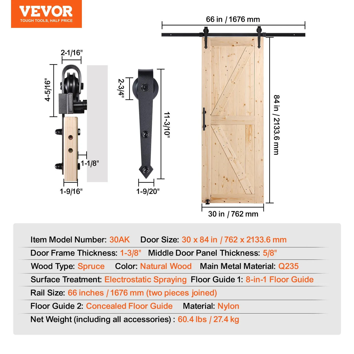VEVOR Barn Door and Hardware Kit, 30" x 84" Wood Sliding Barn Door, Smoothly and Quietly,