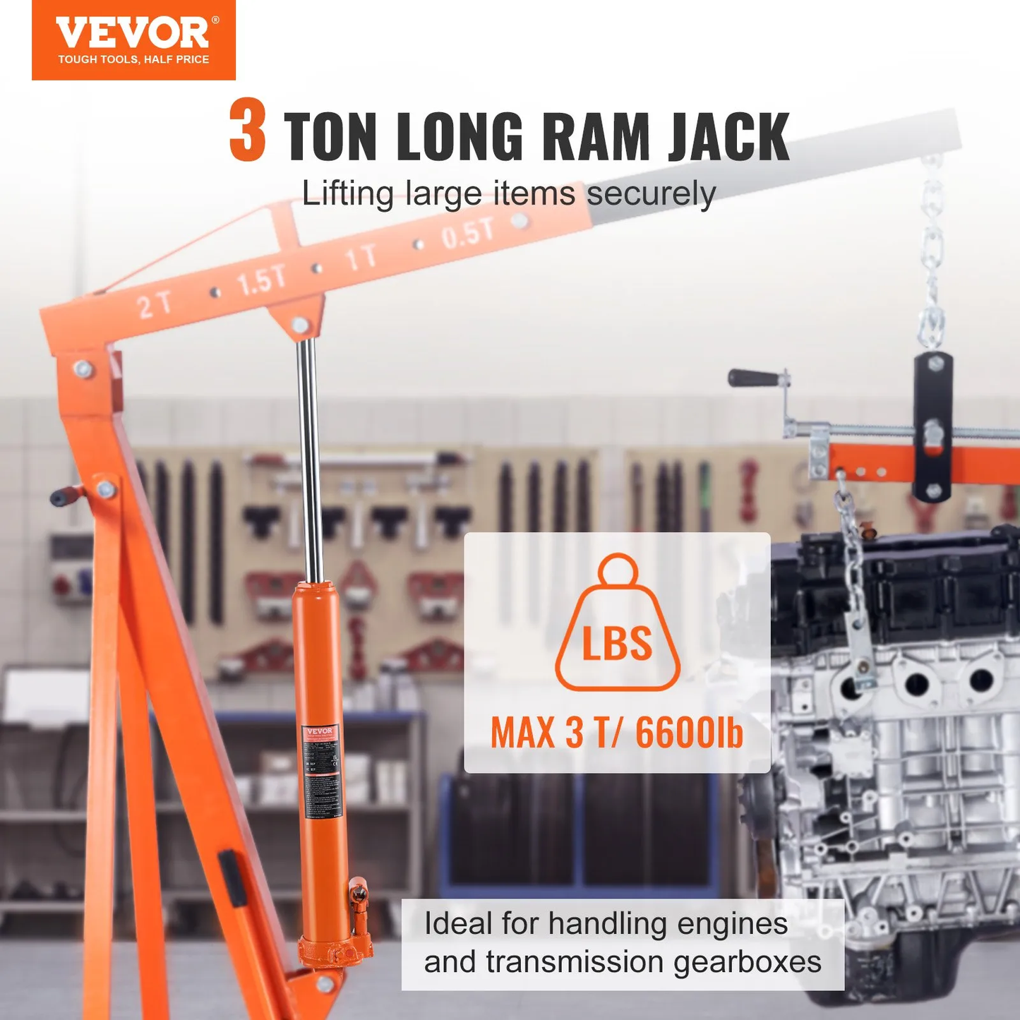 VEVOR Hydraulic Long Ram Jack, 3 Ton Engine Hoist Cylinder with Single Piston Pump And Clevis Base,-$40