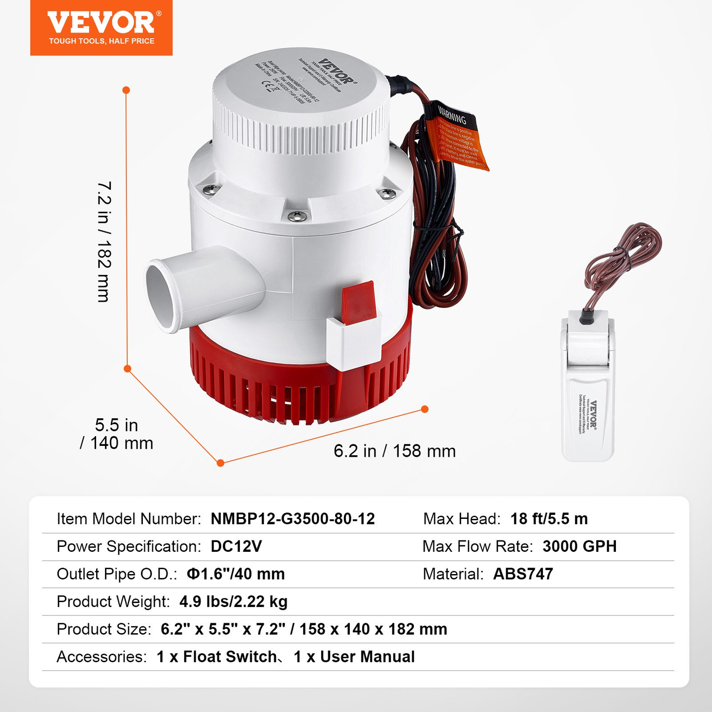 VEVOR Bilge Pump, 3000GPH 12V Automatic Submersible Boat Bilge Water Pump with Float Switch,-$50