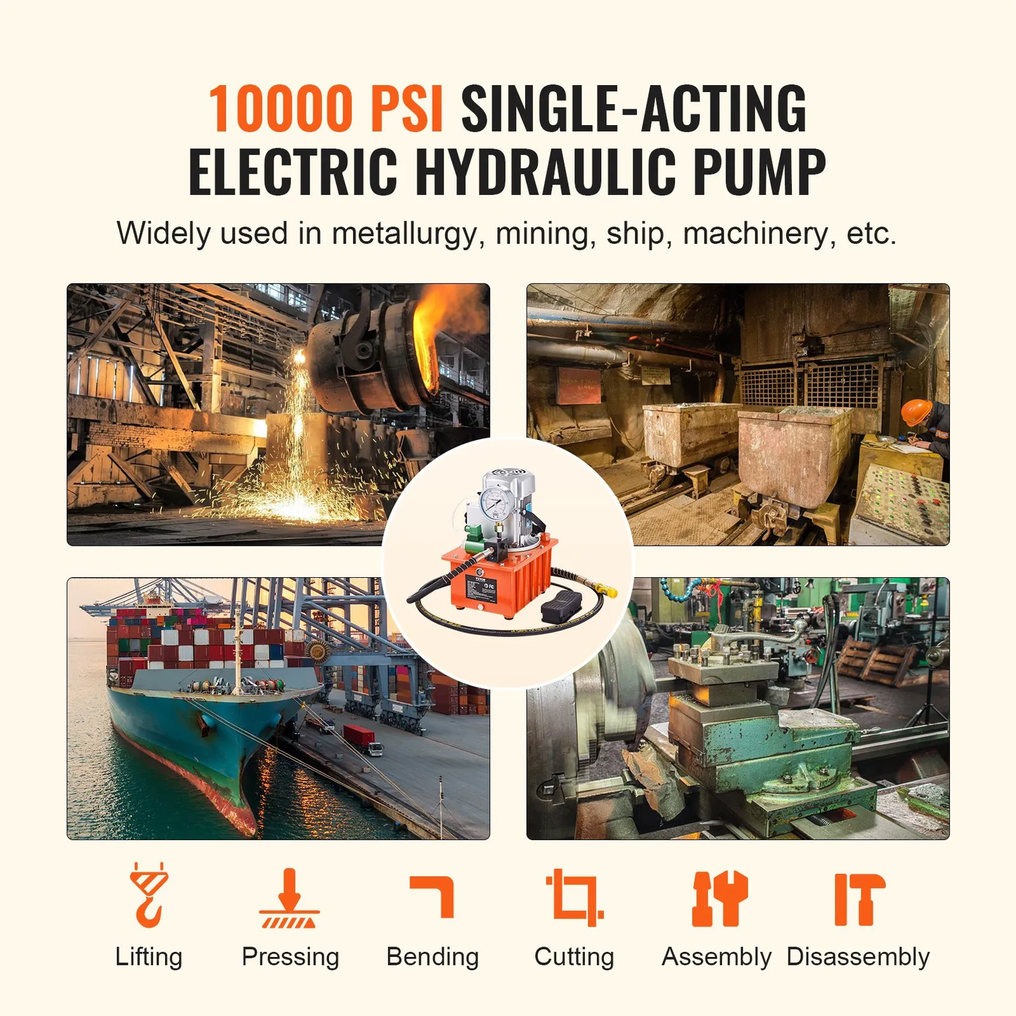 VEVOR Electric Hydraulic Pump, 10000 PSI 750W 110V 488 in³/8L Capacity, Single Acting Solenoid Valve,-$220