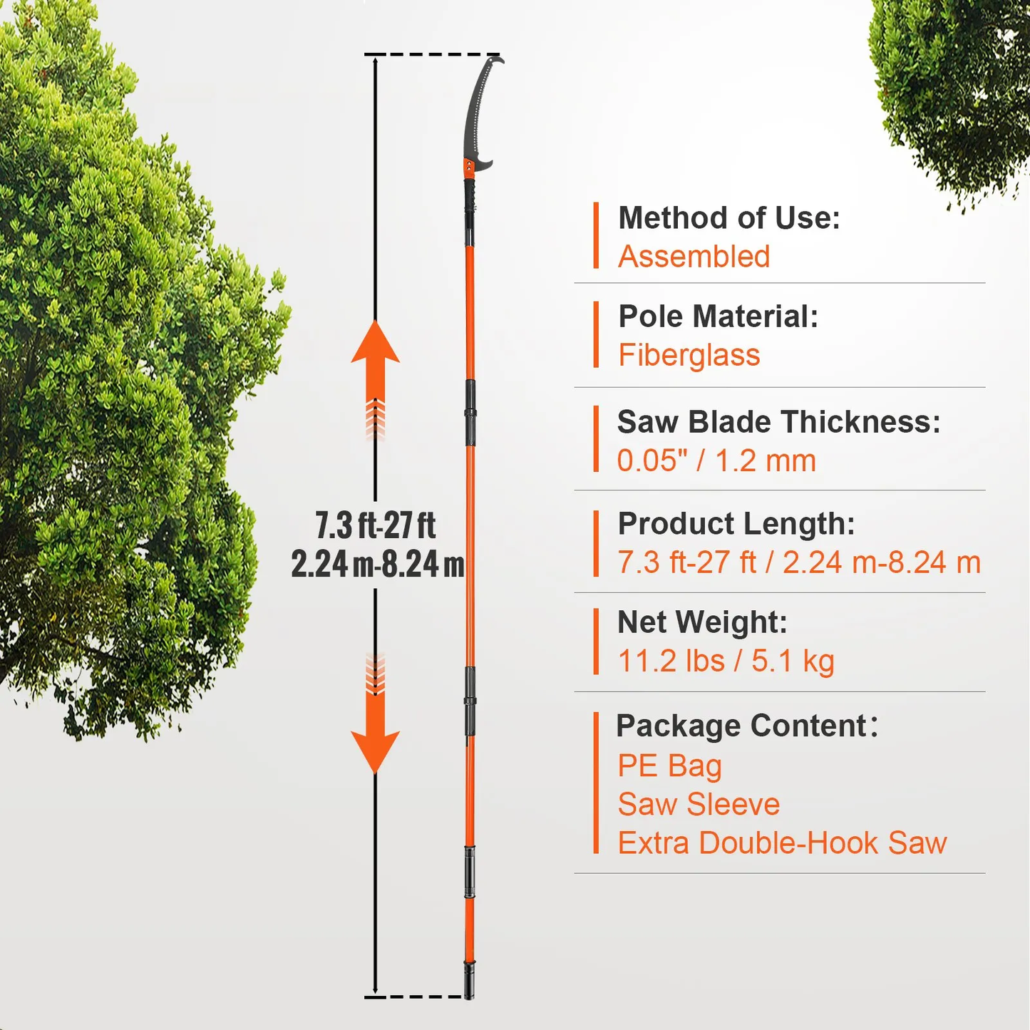 VEVOR Manual Pole Saw, 7.3-27 ft Extendable Tree Pruner, Sharp Steel Blade High Branches Trimming,-$80