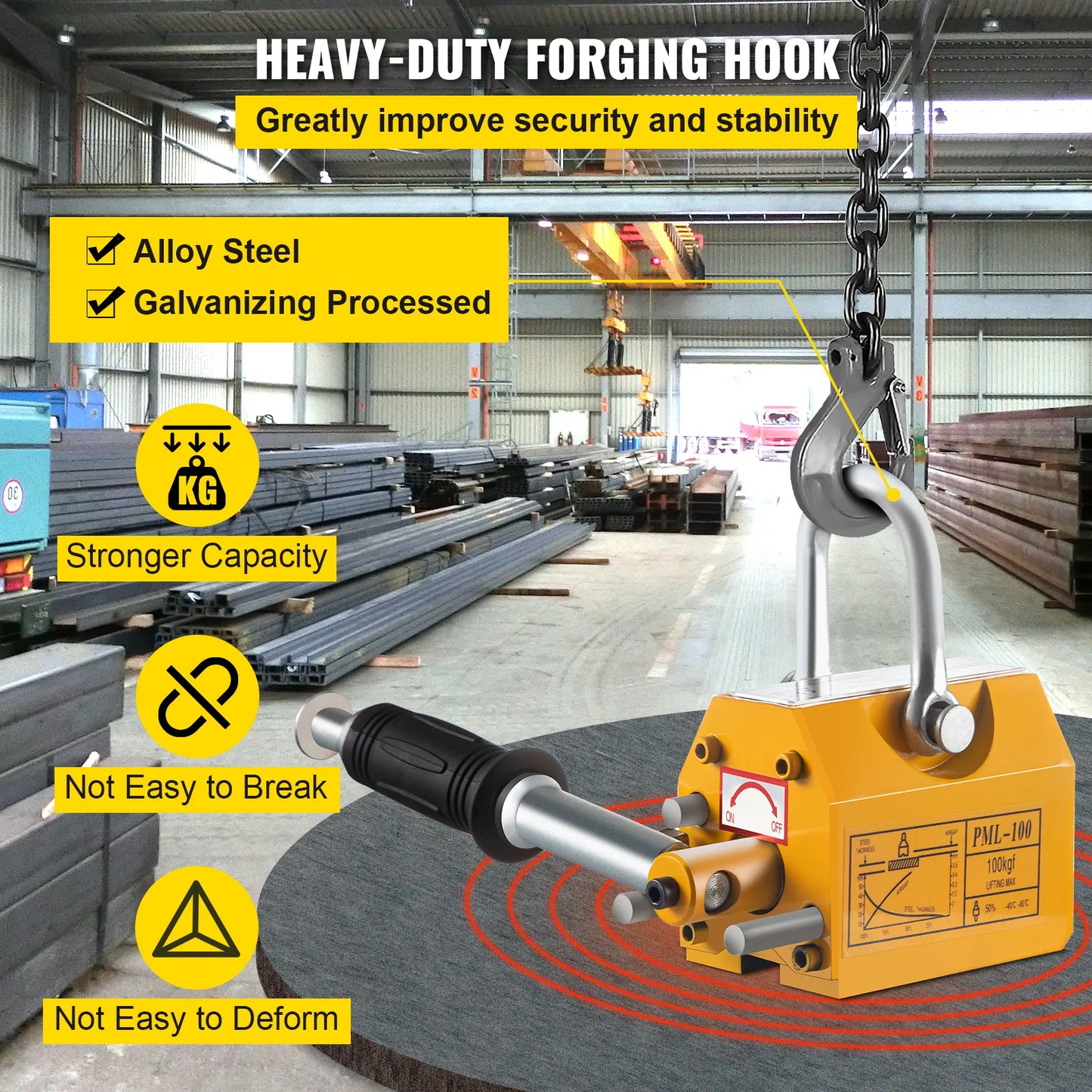 VEVOR Magnetic Lifter, 220lbs Pulling Capacity Steel Lifting Magnet, 100KG Permanent Lift Hoist Shop Crane