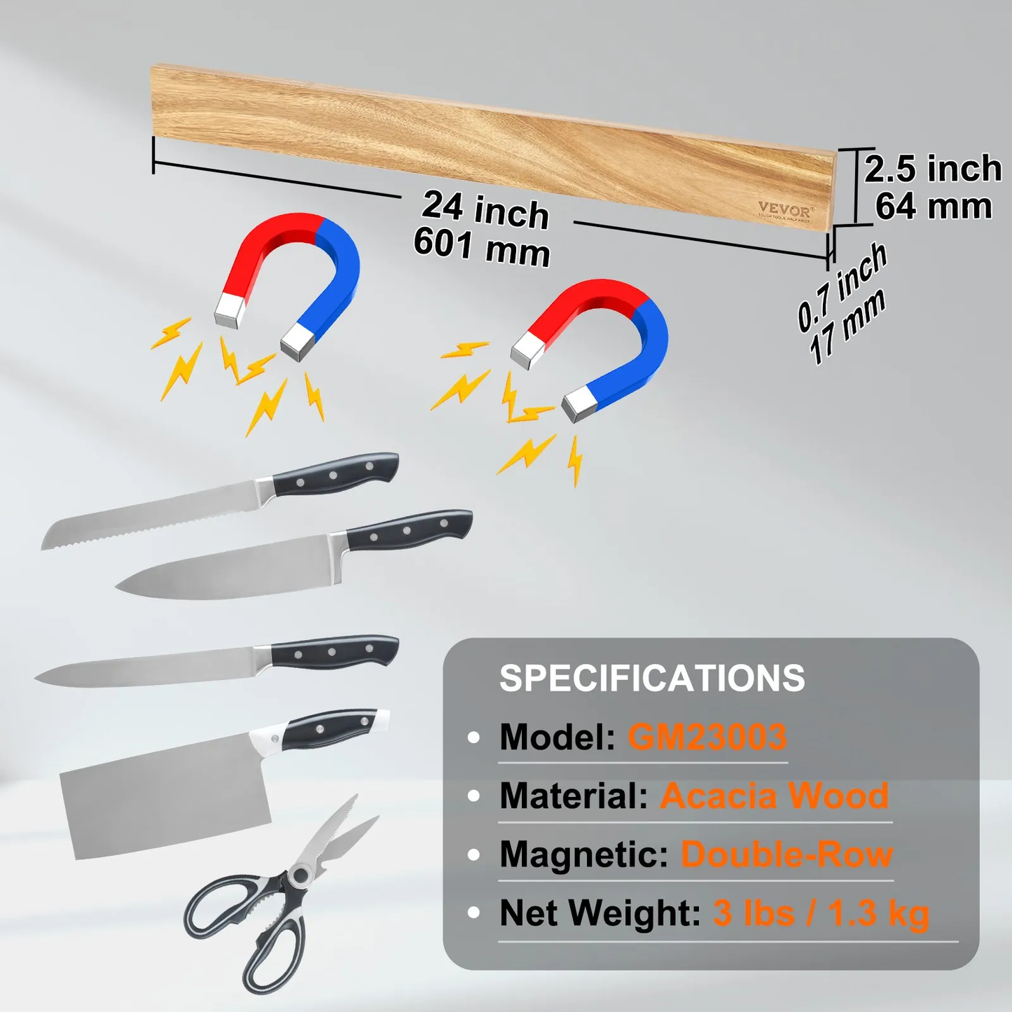 VEVOR Magnetic Knife Holder with Enhanced Strong Magnet, 24" No Drilling Knife Strips Organizer for Wall