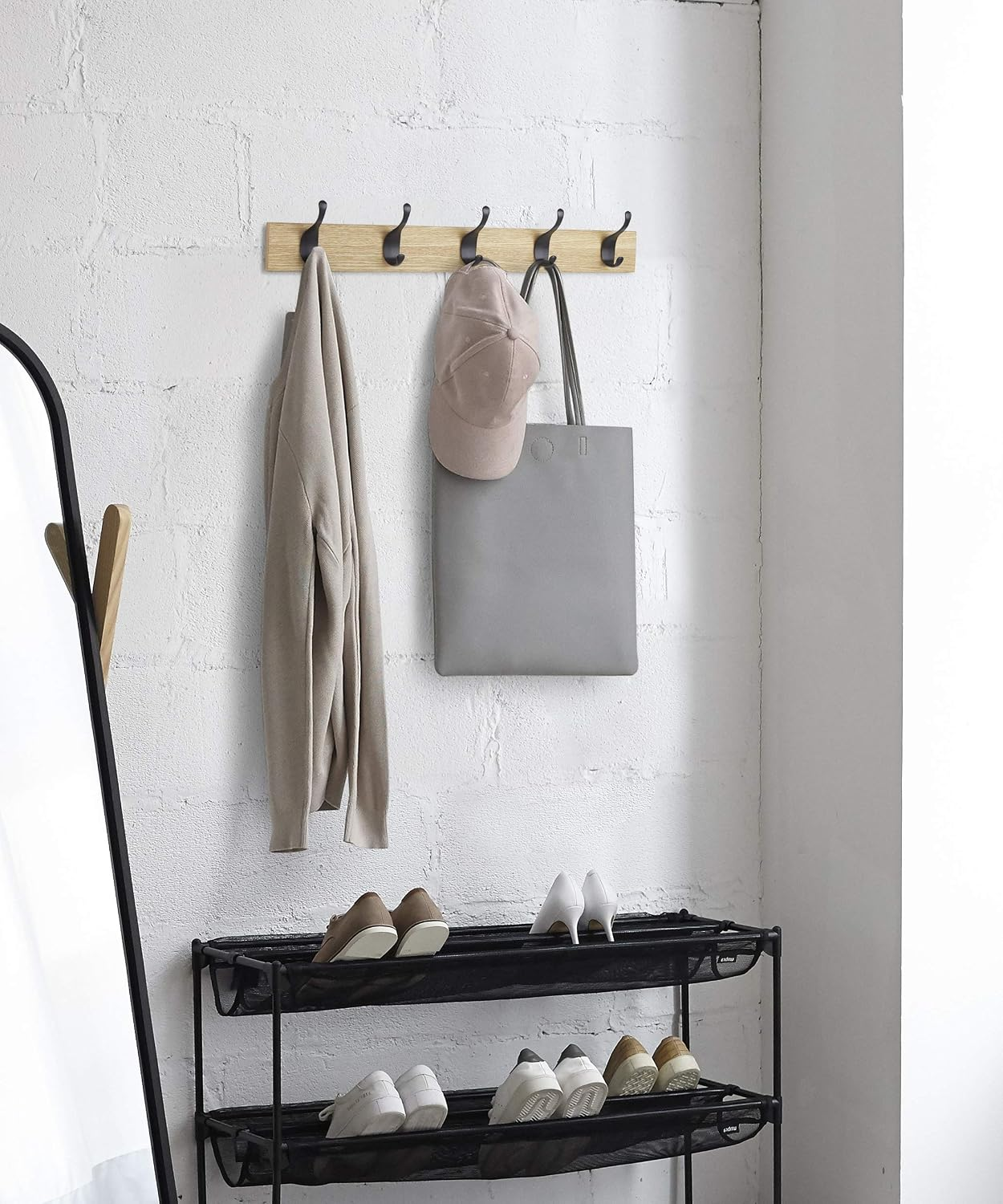 BNIB-Amazon Basics Wall Mounted Stylish Coat Rack with 5 Hooks, Natural Wood Tone, Set of 2,-$20