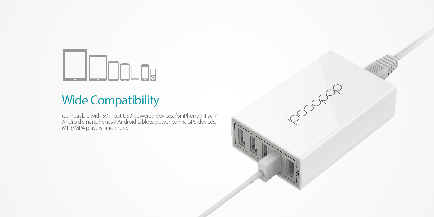 BNIB- 65W 5-Port USB Charging Station,Each USB output is up to 5V 2.4A. Total USB output is up to 5V 8A