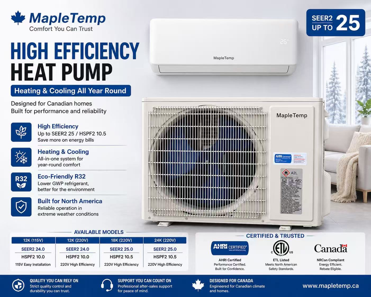 BNIB-MapleTemp Split Room Air Conditioner & Heat Pump System for Fast Cooling & Heating, MTH24-12K115V, $1529