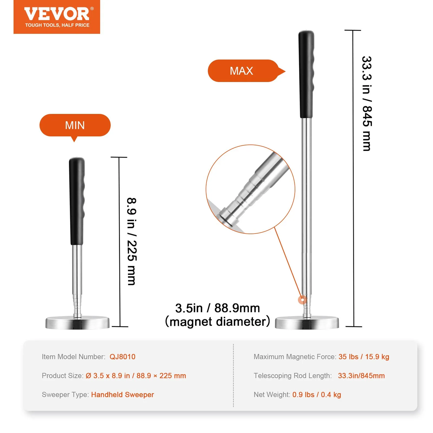 VEVOR Telescoping Magnetic Sweeper Pickup Tool, 3.5inch Handheld Screws Parts Finder with 35LB Pul