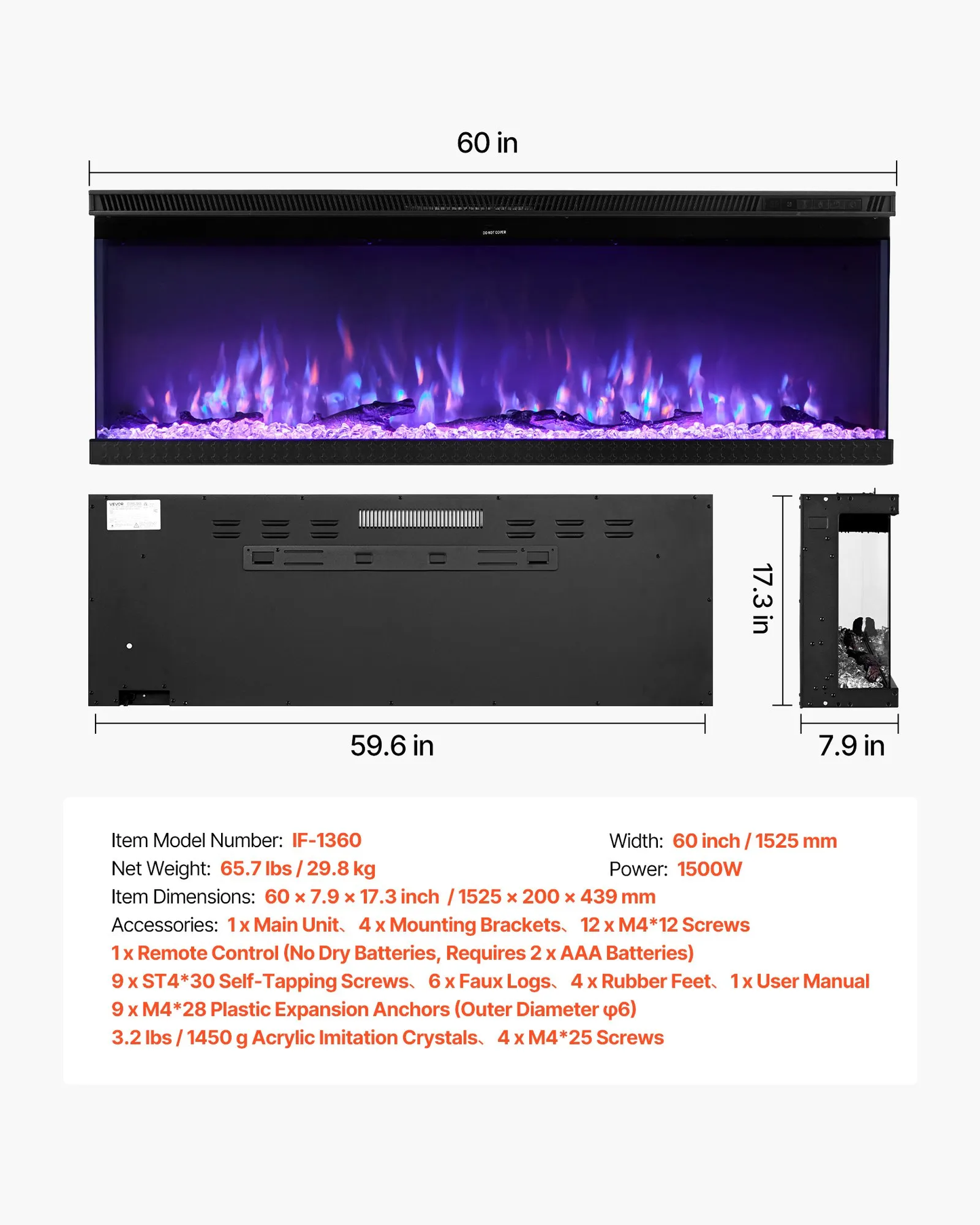 VEVOR 60 inch Electric Fireplace, Three-Sided Glass Wall Mounted Recessed Fire Place with Remote Control,-$250