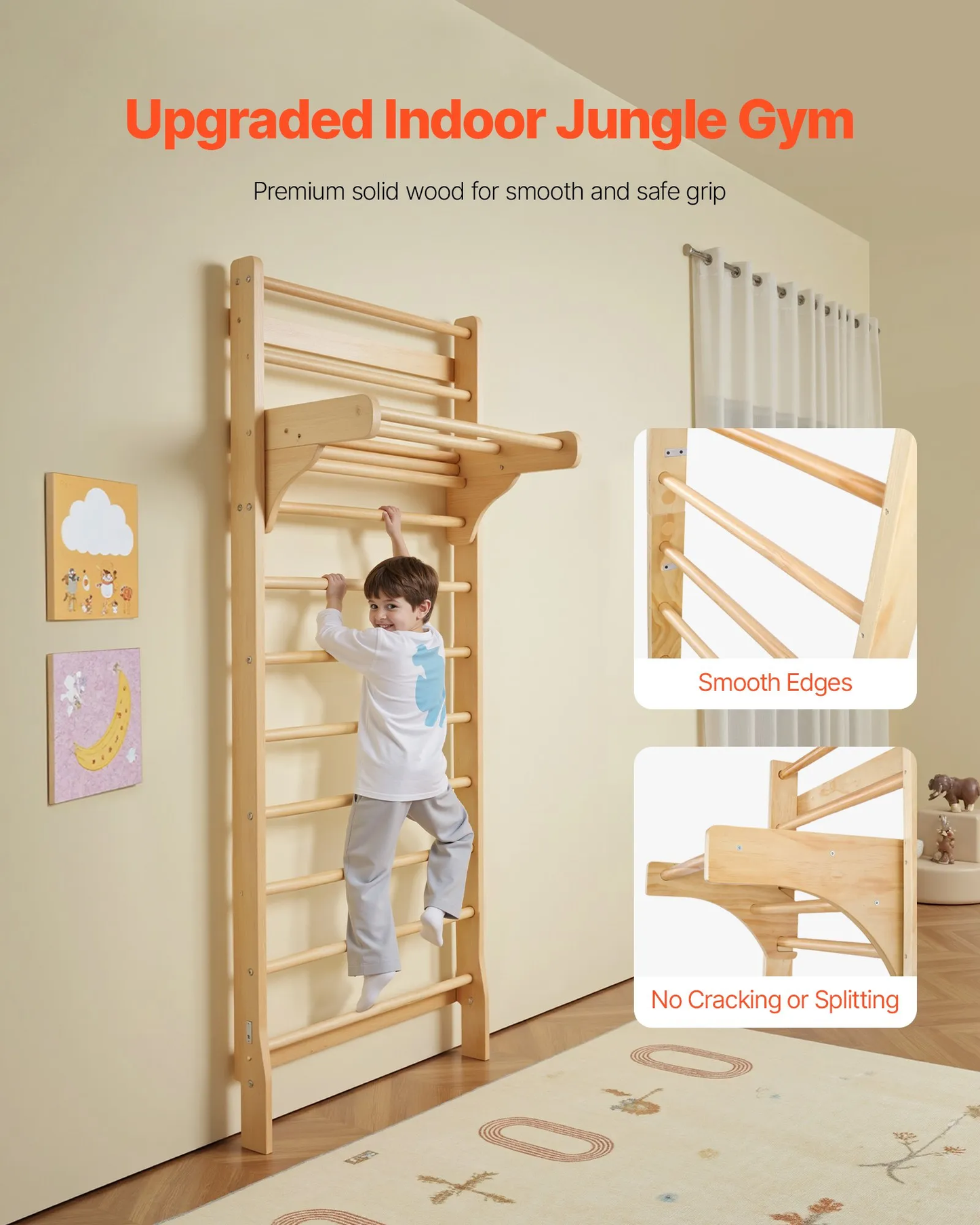 VEVOR Swedish Ladder Wall Gym, 10-Level Solid Wood Indoor Jungle Gym, 220lbs Loading Indoor,-$110