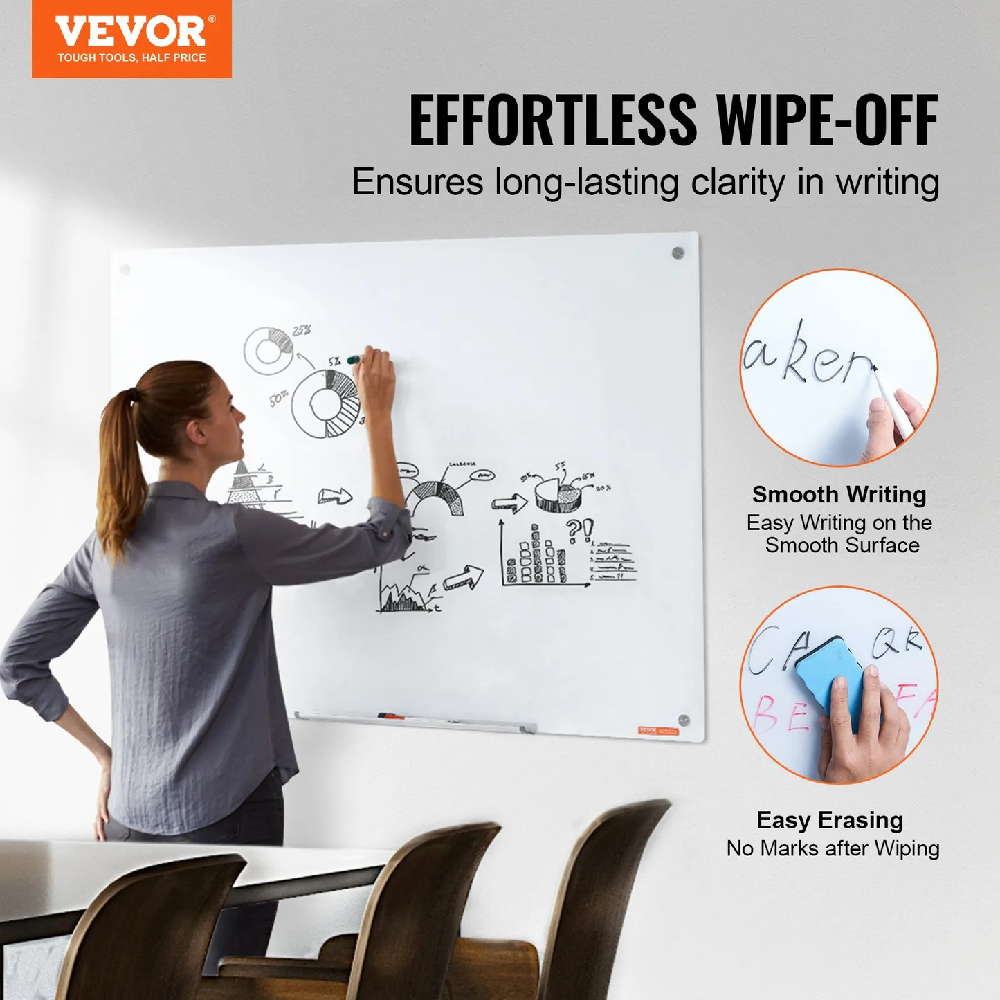 VEVOR Magnetic Glass Whiteboard, Dry Erase Board 48"x32", Wall-Mounted Large White Glassboard Frameless,-$80