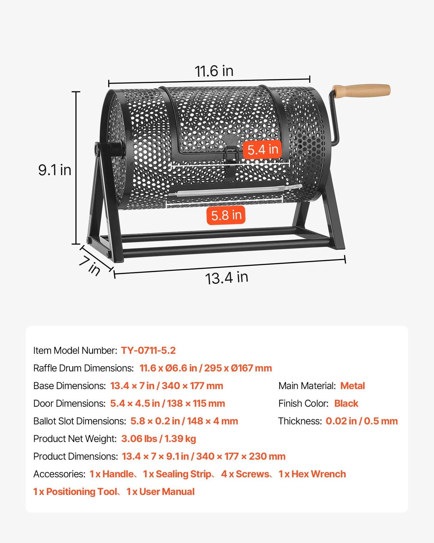VEVOR Raffle Ticket Spinner, 11.6" x 6.6" Holds 2500 Tickets or 100 Ping Pong Balls, Raffle Drum Lottery,-$25