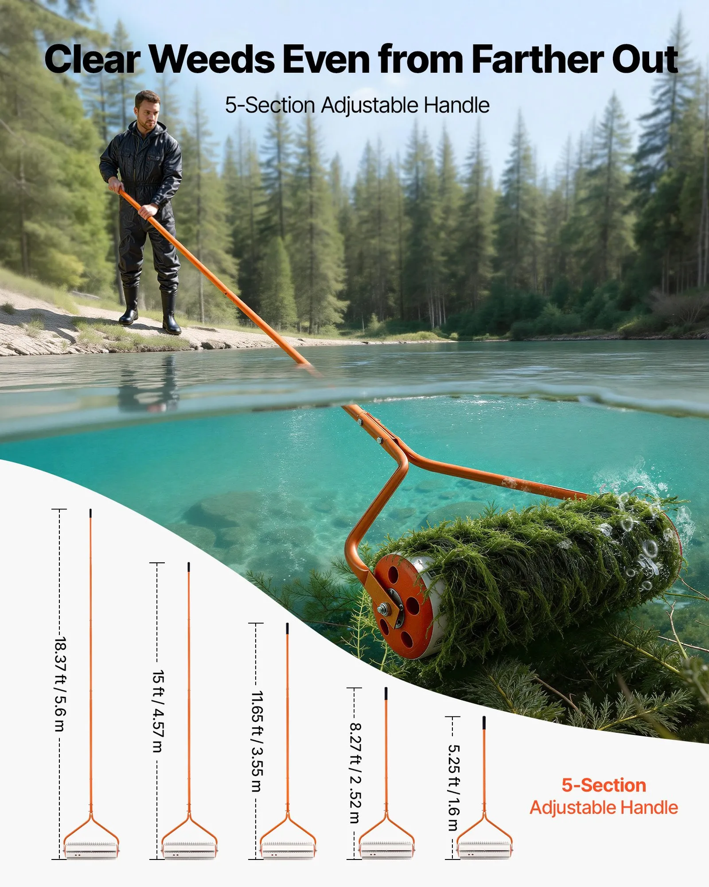 VEVOR Lake Weed Roller, 18 ft Lake & Pond Weed Removal Tool, Muck Razer Aquatic & Sludge Tiller,-$90