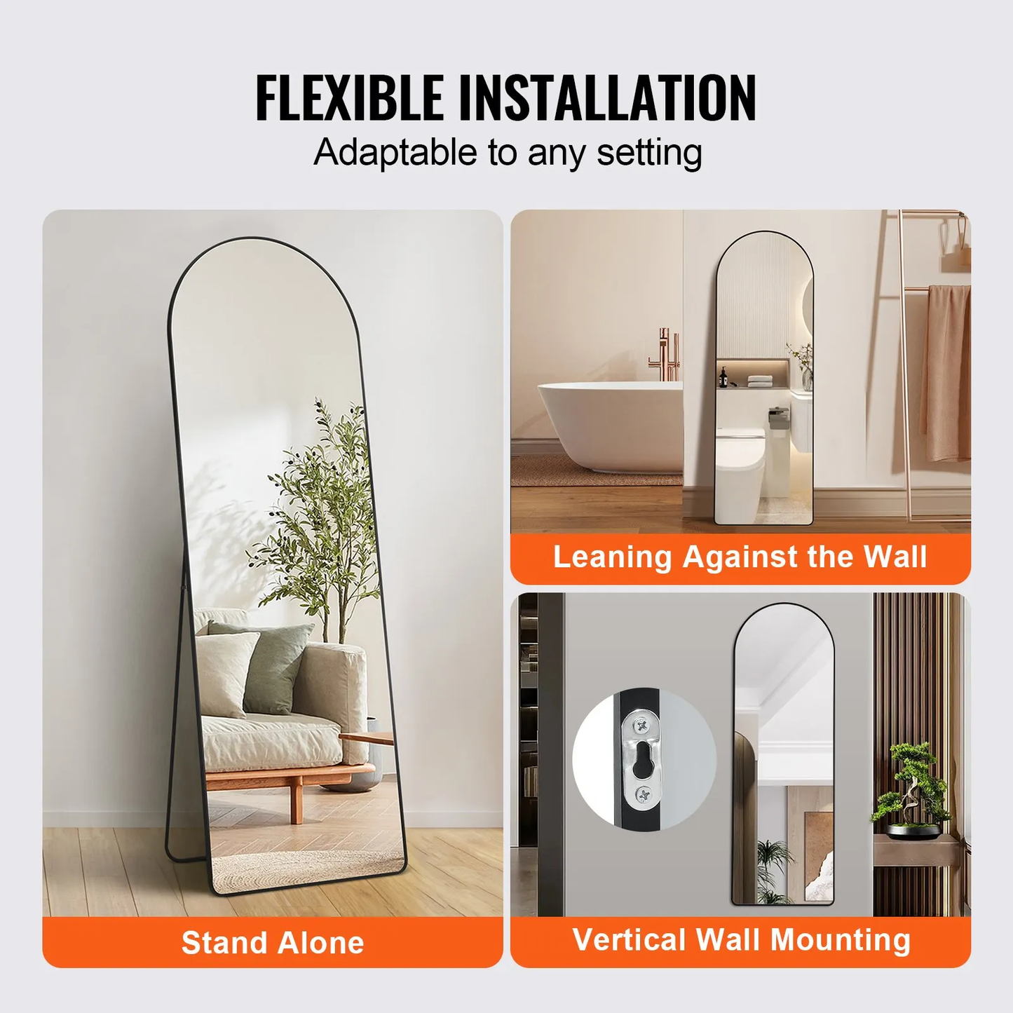 VEVOR Arched Full Length Mirror,65'' x 22''Large Free Standing/Leaning/Hanging Wall Mounted Floor Mirror