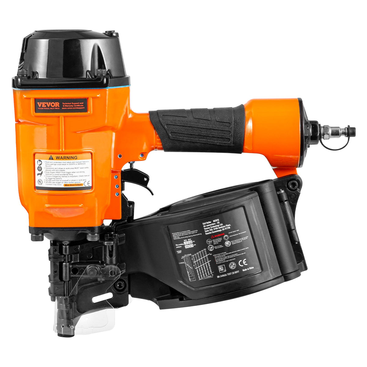 VEVOR Coil Siding Nailer MCN70,1-3/4" to 2-3/4" 15 Degree Pneumatic Siding Nail Gun,70-120PSI Air Coil Nailer for Pallet