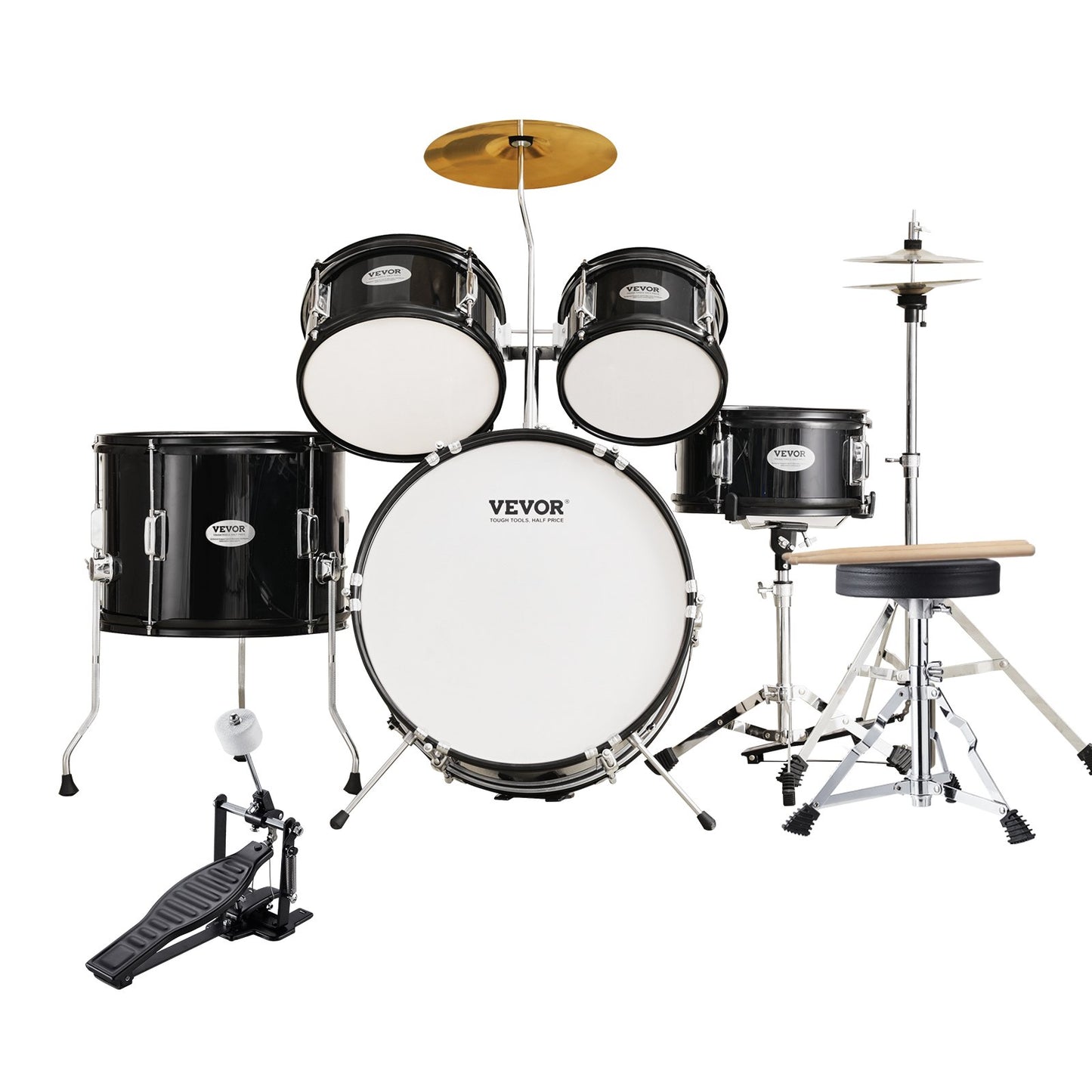VEVOR Kids Drum Set, 5-Piece, 16 in Beginner Full Drum Set with Bass Toms Snare Floor Drum Adjustable,-$160