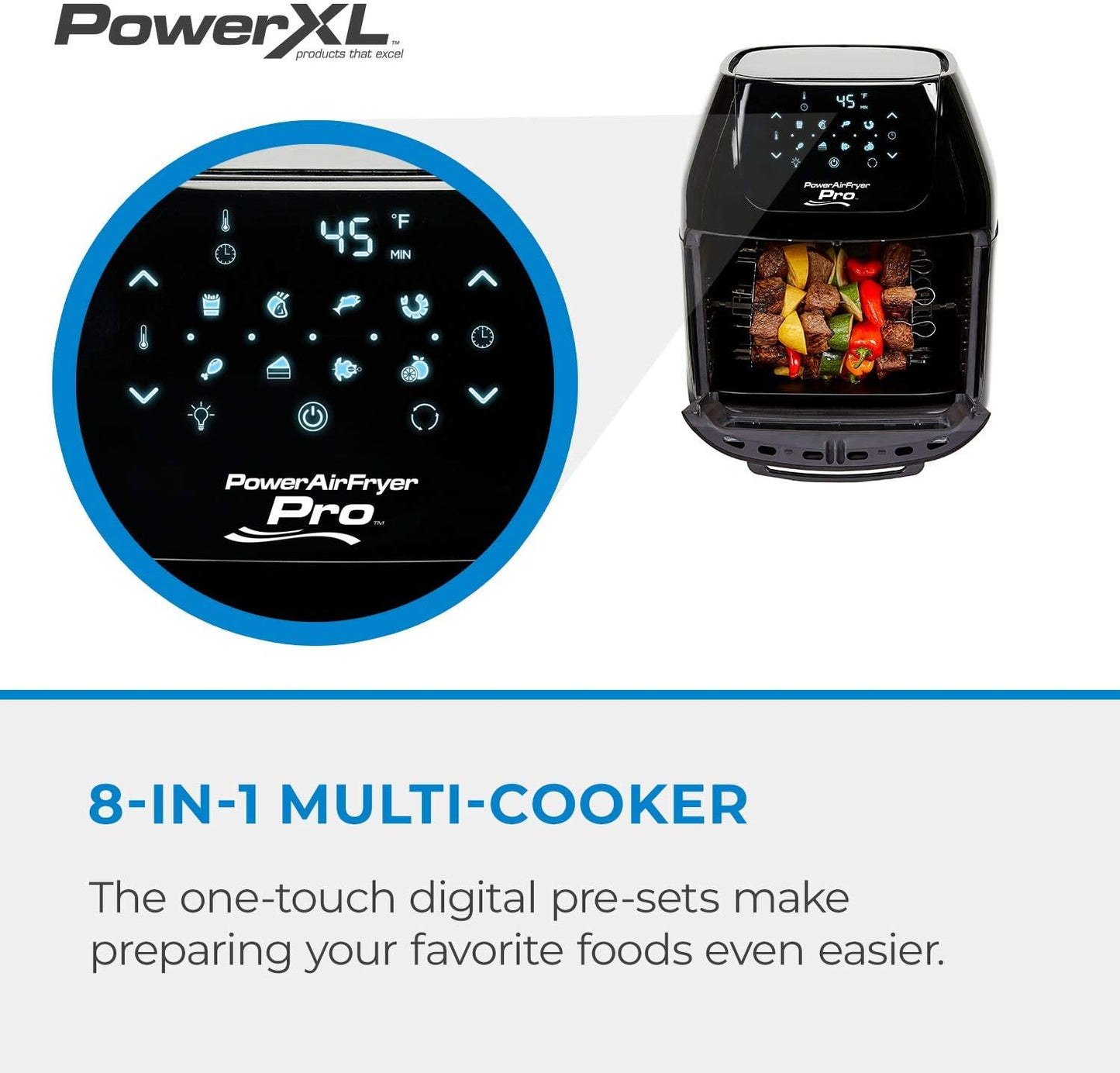 BNIB-Power XL 7-in-1 Cooking Features Air Fryer Pro, Crisp, Cook, Rotisserie,Dehydrate,1700W (6 Qt, Black)