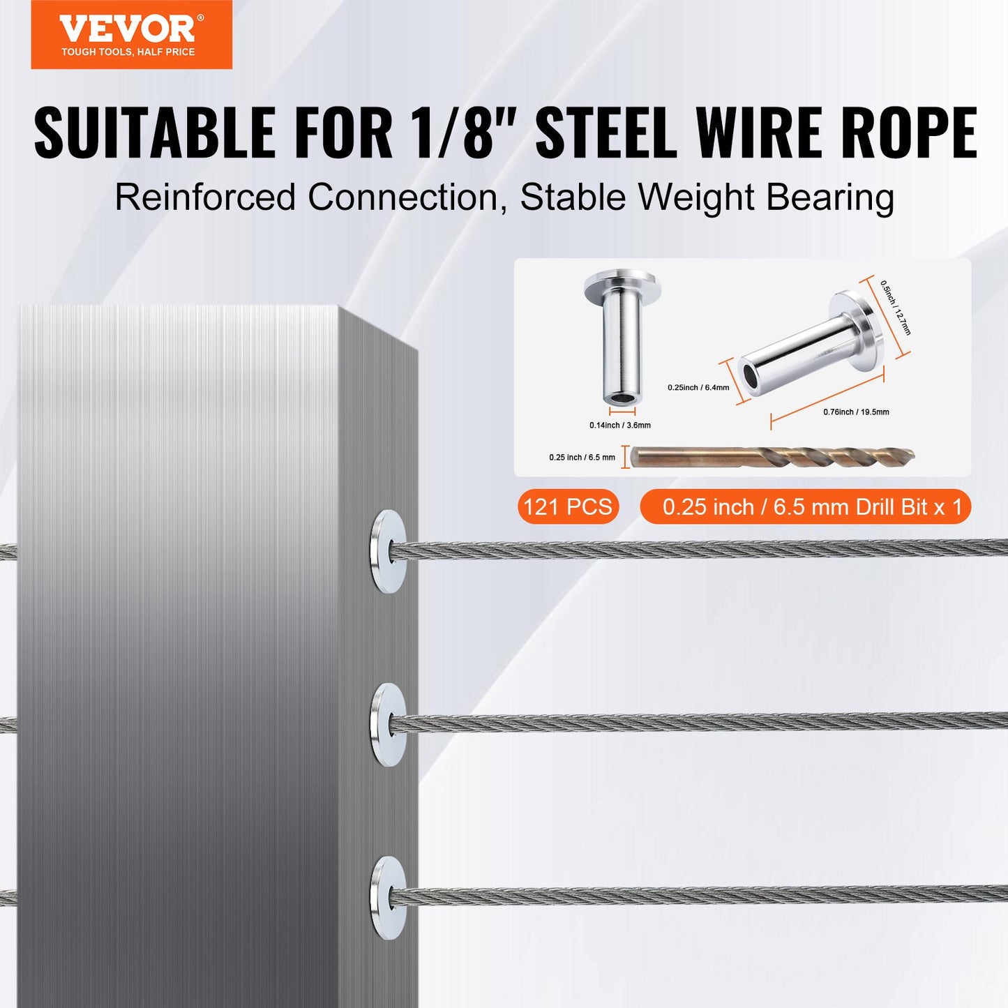VEVOR 121 Pack T316 Stainless Steel Protector Sleeves for 1/8" Wire Rope Cable Railing,