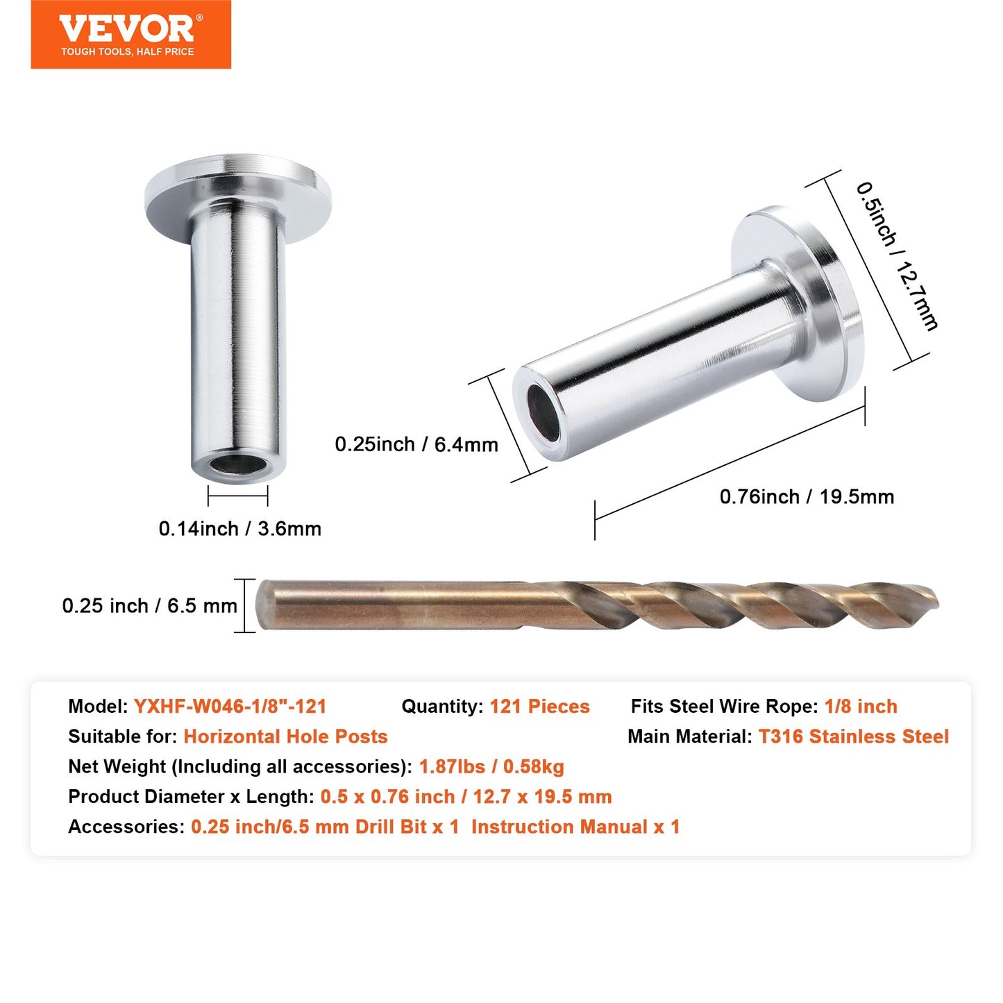 VEVOR 121 Pack T316 Stainless Steel Protector Sleeves for 1/8" Wire Rope Cable Railing,