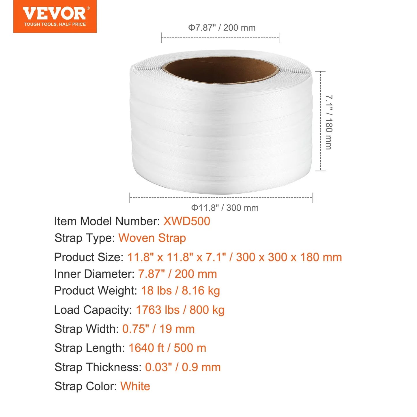 VEVOR Packaging Woven Cord Strapping Roll, 1640' Length x 3/4" Width x 0.03" Thickness,-$45