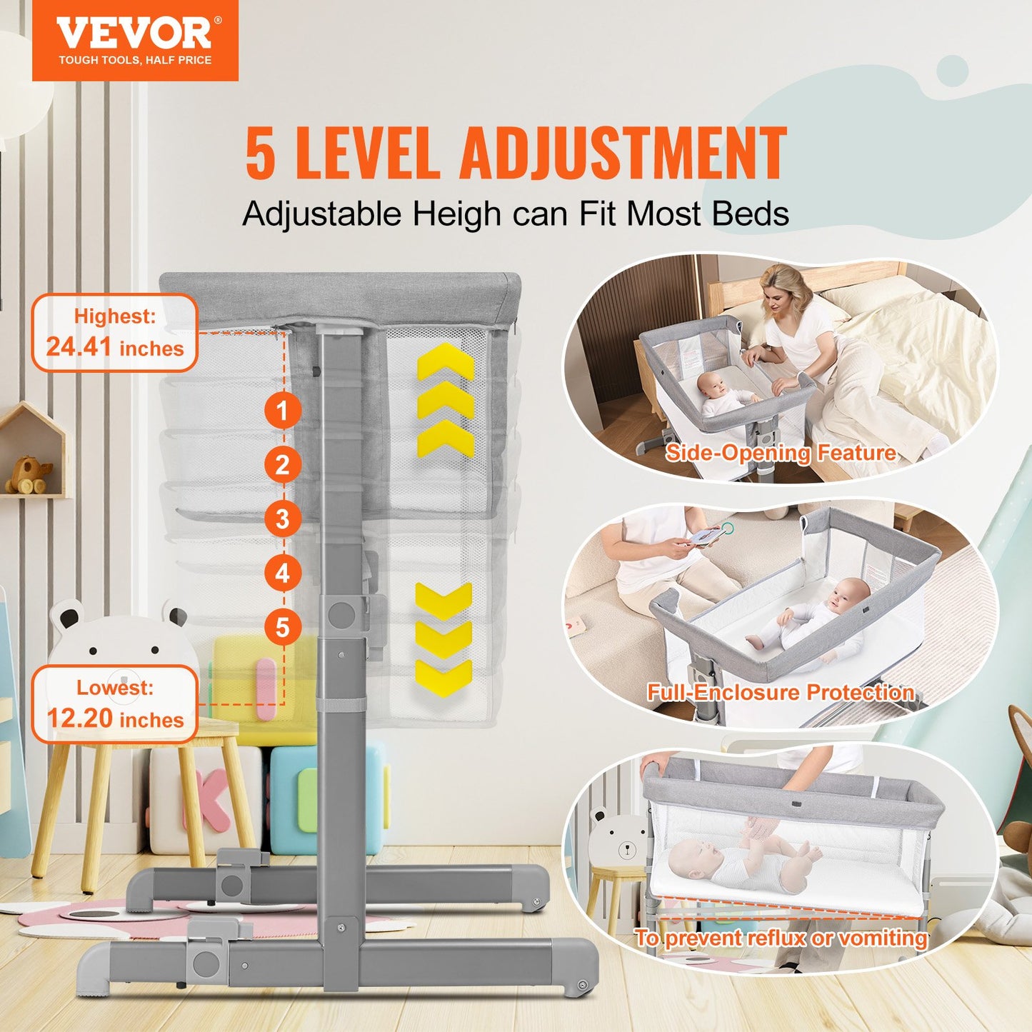 VEVOR Baby Bassinet, 5-Level Height Adjustable,Bedside Sleeper with Comfy Mattress and Wheels,-$100