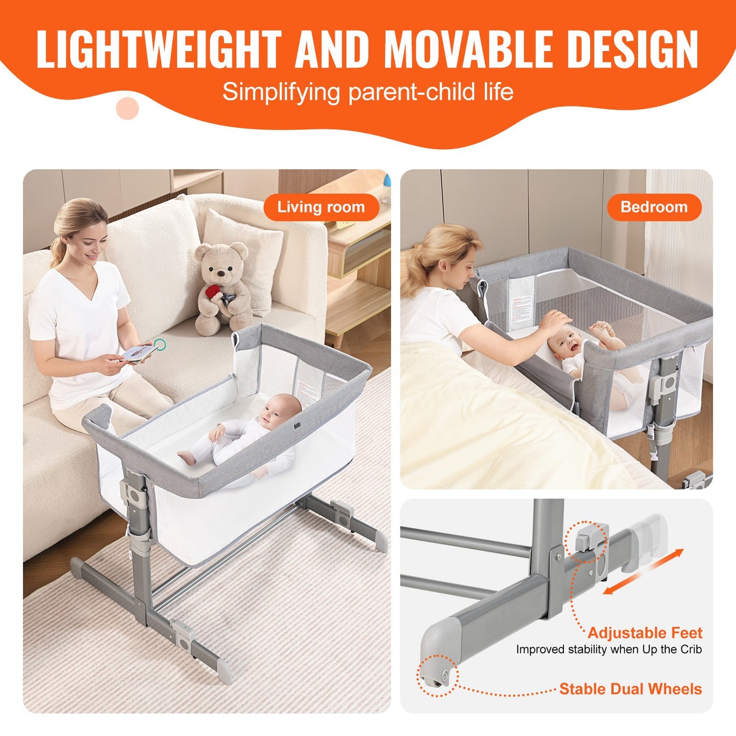 VEVOR Baby Bassinet, 5-Level Height Adjustable,Bedside Sleeper with Comfy Mattress and Wheels,-$100
