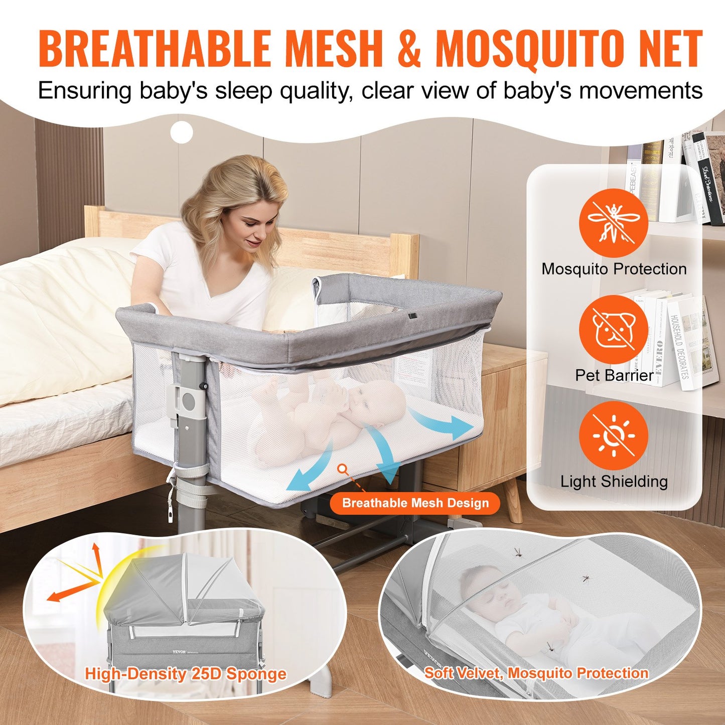 VEVOR Baby Bassinet, 5-Level Height Adjustable,Bedside Sleeper with Comfy Mattress and Wheels,-$100