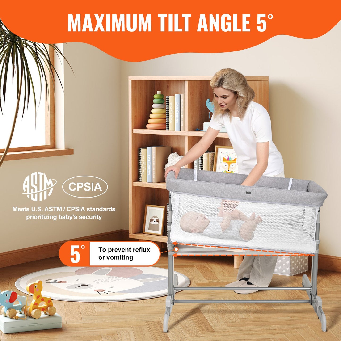 VEVOR Baby Bassinet, 5-Level Height Adjustable,Bedside Sleeper with Comfy Mattress and Wheels,-$100
