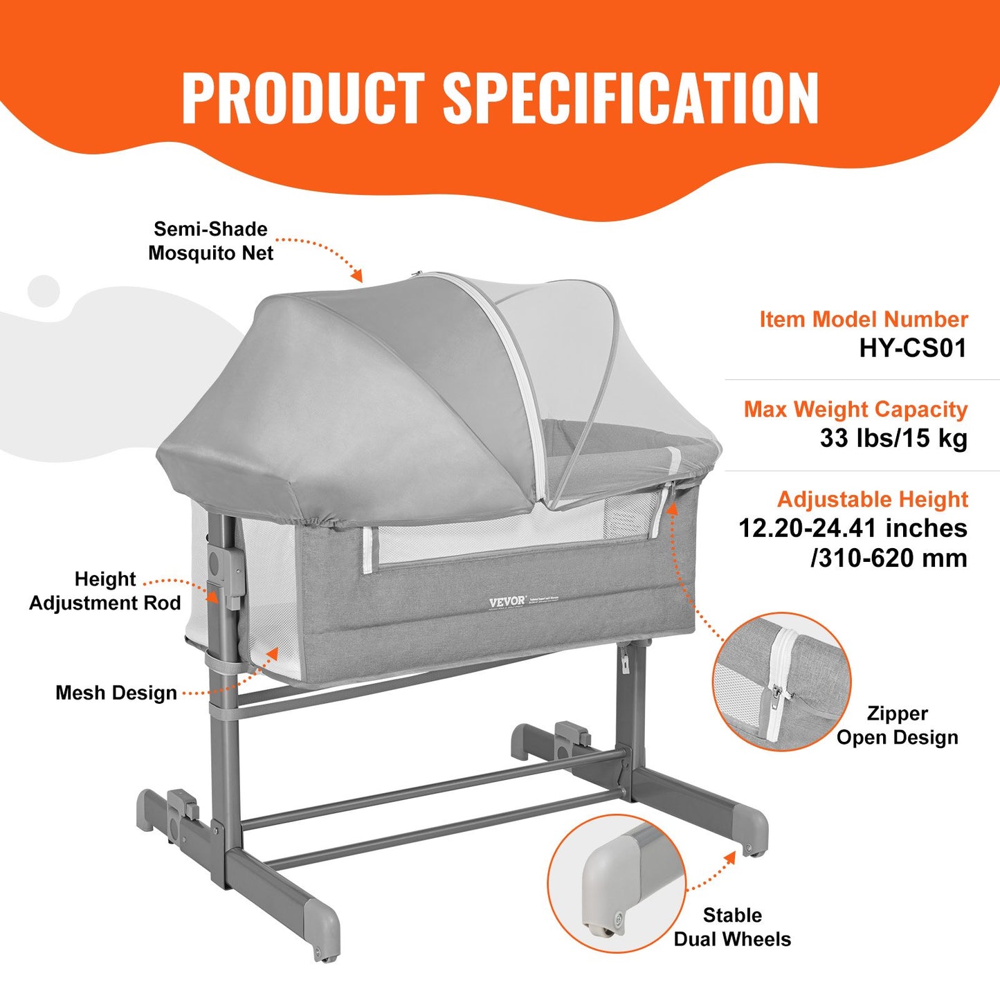 VEVOR Baby Bassinet, 5-Level Height Adjustable,Bedside Sleeper with Comfy Mattress and Wheels,-$100