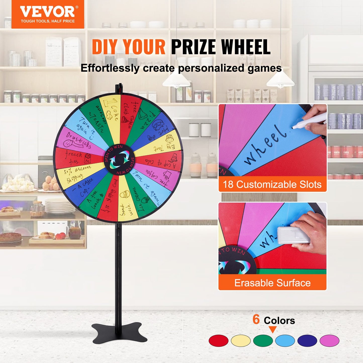 VEVOR 36 inch Spinning Prize Wheel, 18 Slots Spinning Wheel, Roulette Wheel with a Dry Erase and 2 Markers