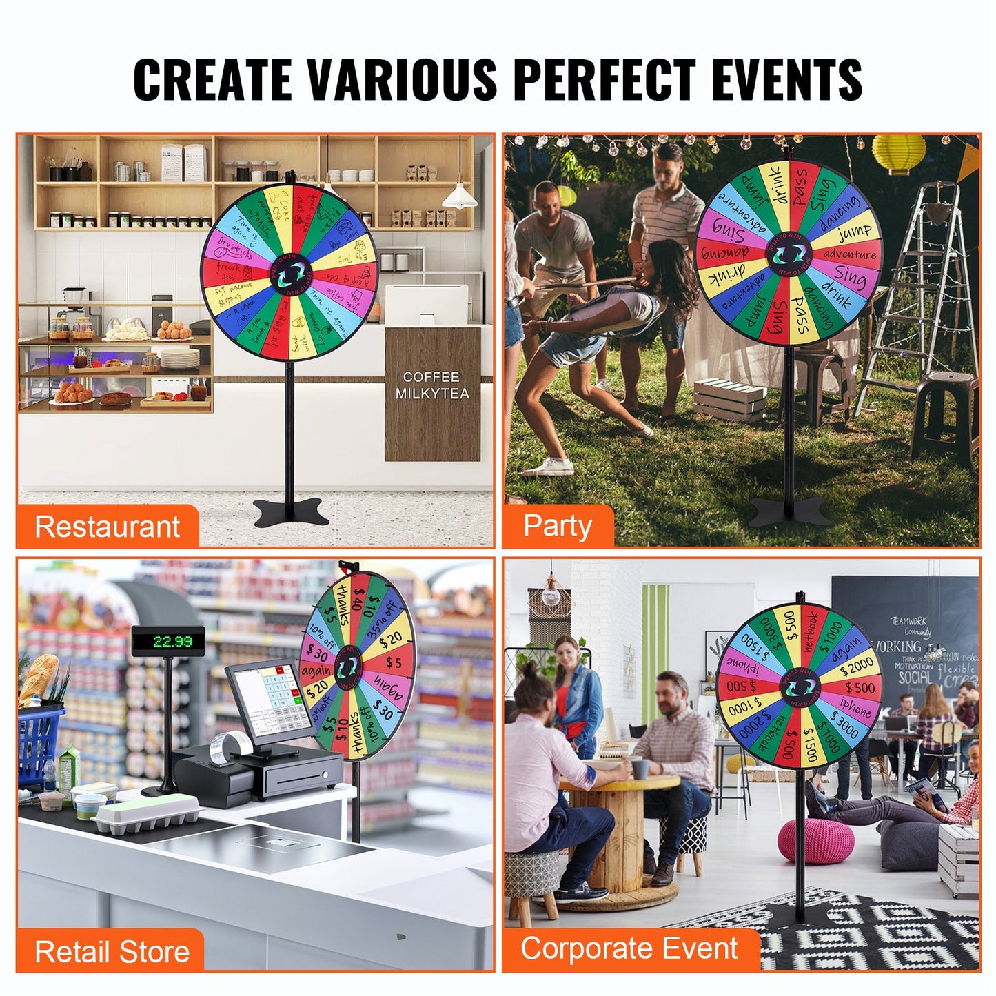 VEVOR 36 inch Spinning Prize Wheel, 18 Slots Spinning Wheel, Roulette Wheel with a Dry Erase and 2 Markers