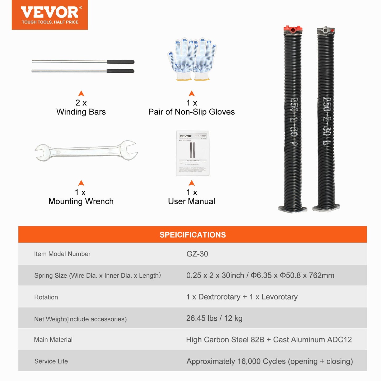 VEVOR Garage Door Torsion Springs, Pair of 0.25 x 2 x 30inch, 16000 Cycles, Garage Door Springs,-$55