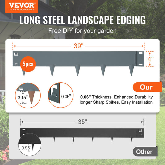 VEVOR Steel Landscape Edging, 5-pack Steel Garden Edging Borders, 39" L x 4" H Strips,-$45