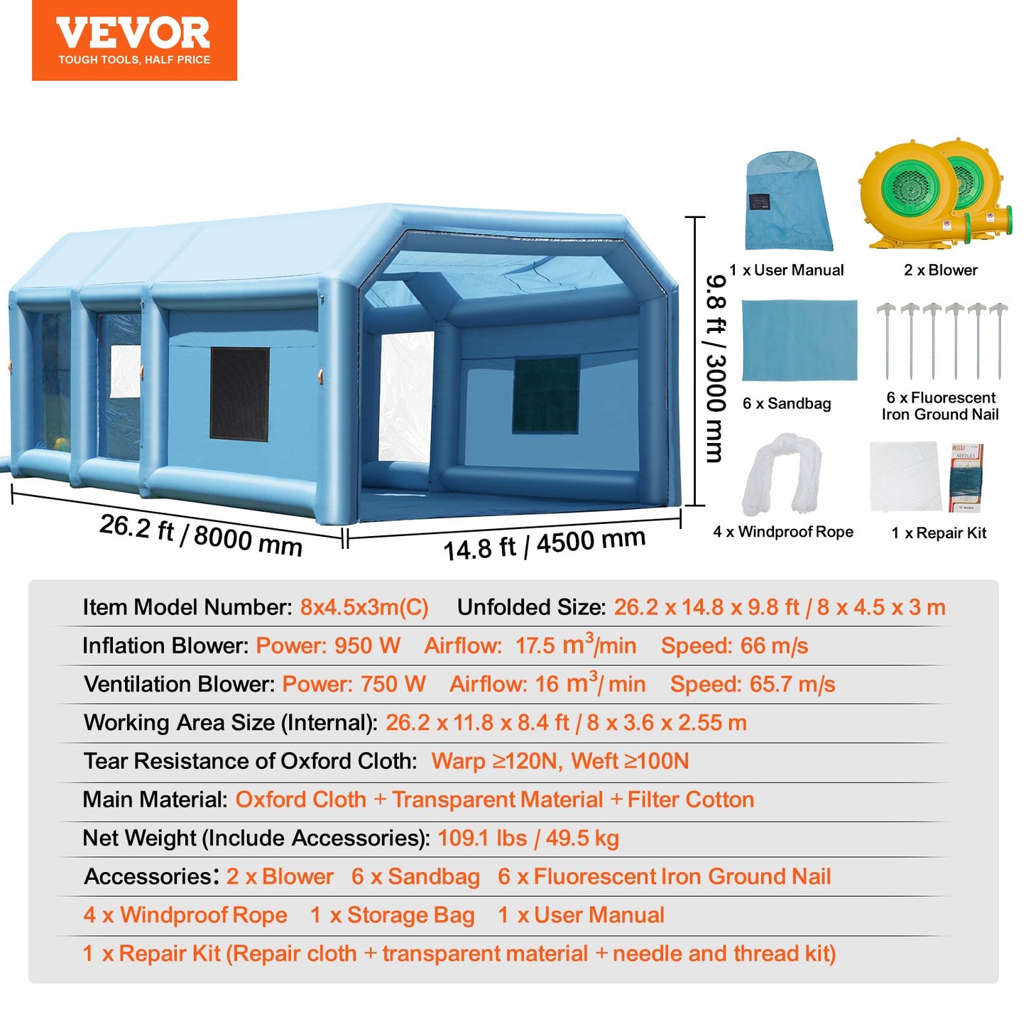 VEVOR Inflatable Paint Booth, 26.2 x 14.8 x 9.8 ft Inflatable Spray Booth, with 950W+750W Powerful Blowers,