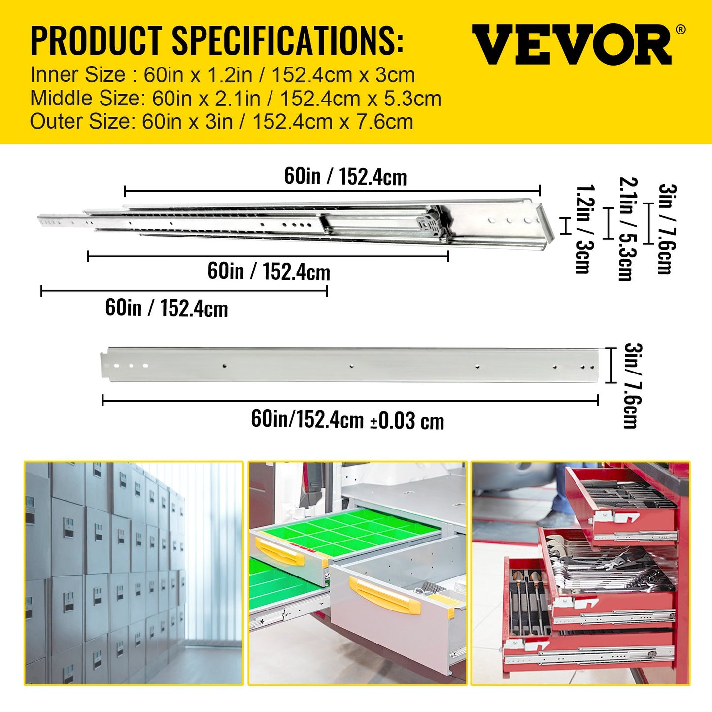 VEVOR Drawer Slides, 176 lb Capacity, 1 Pair 60 Inch Length Soft Close Drawer Slides,-$90