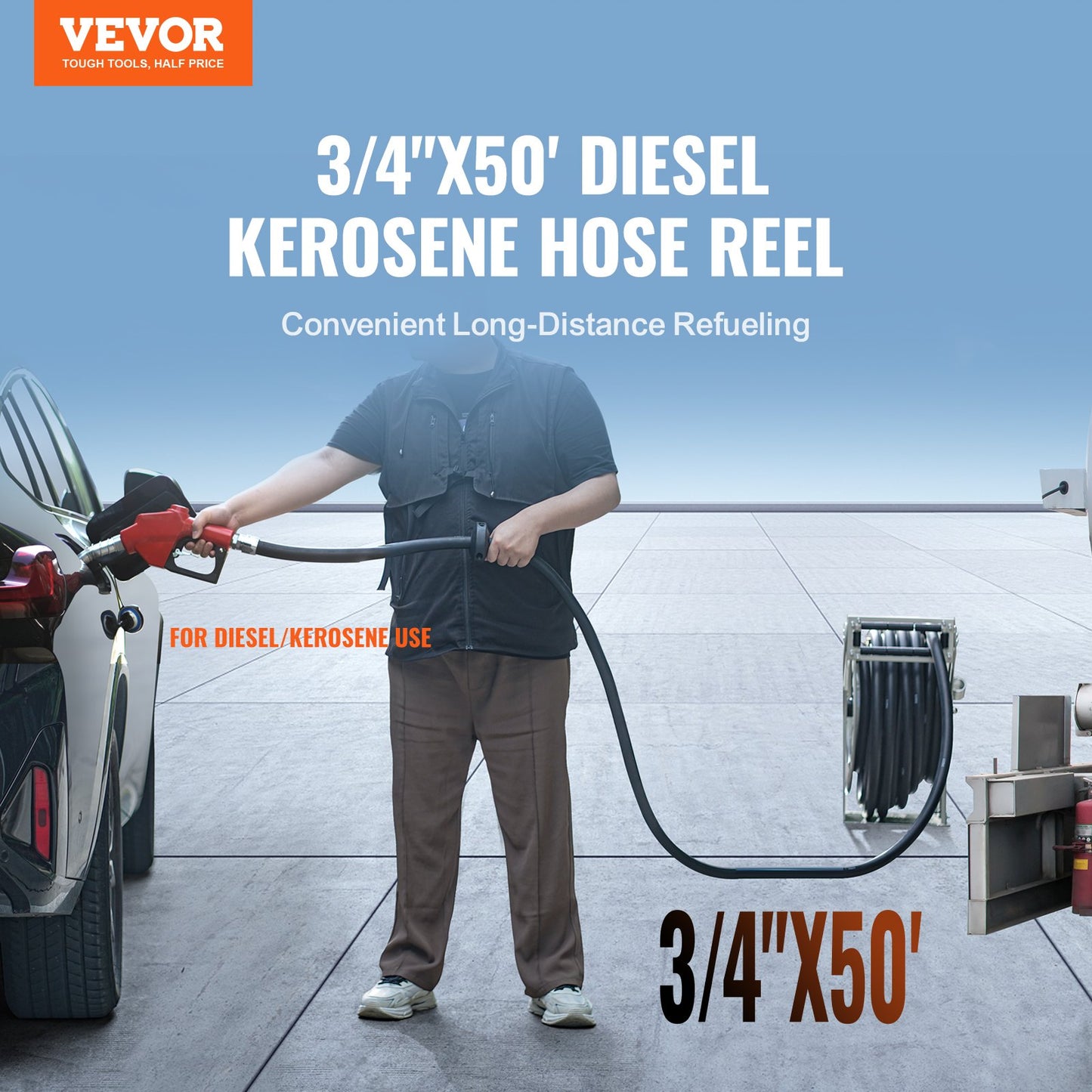 VEVOR Fuel Hose Reel, 3/4" x 50', Extra Long Retractable, Heavy-Duty Carbon Steel Construction ,-$280