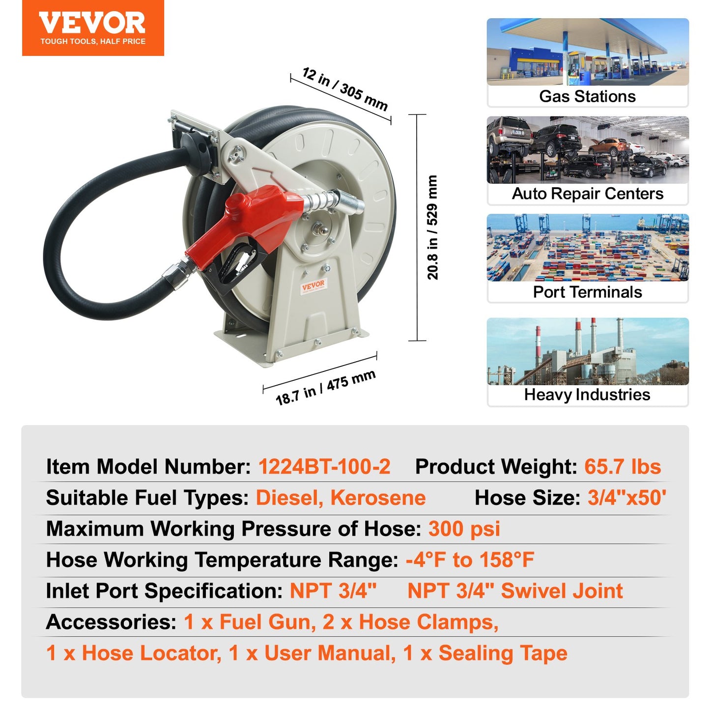 VEVOR Fuel Hose Reel, 3/4" x 50', Extra Long Retractable, Heavy-Duty Carbon Steel Construction ,-$280