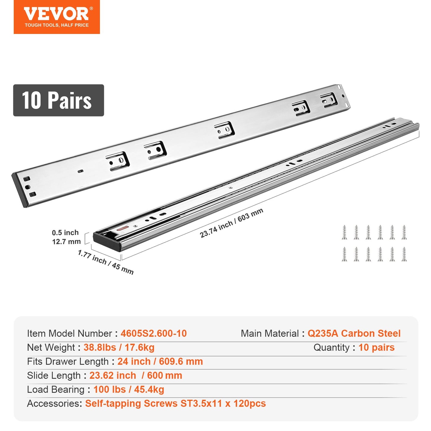 VEVOR Drawer Slides Side Mount Rails, Soft-Close 10 Pairs 24 Inch, Heavy Duty Full Extension Steel Track