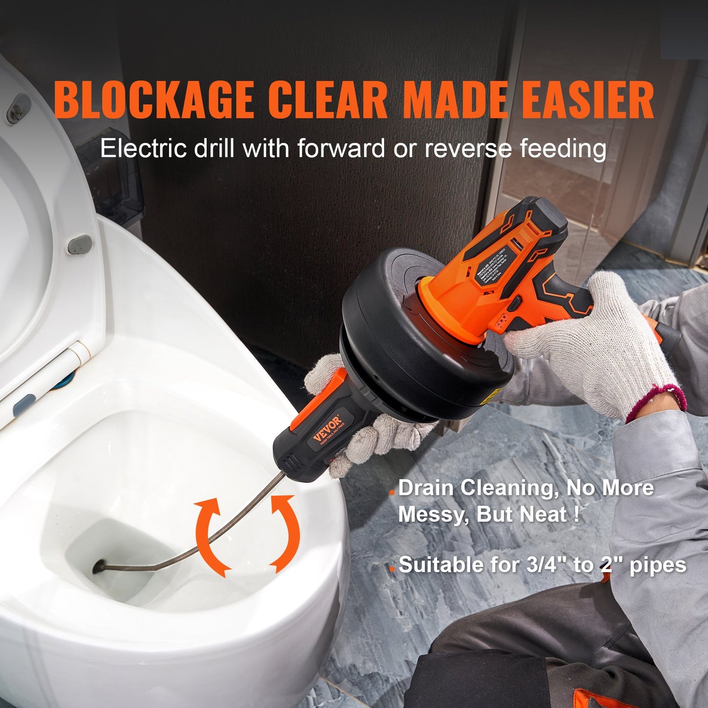 VEVOR 12V Electric Drain Auger, 25FT Cordless Plumbing Snake Auto Feed, Pipeline Snake Drain,-$50