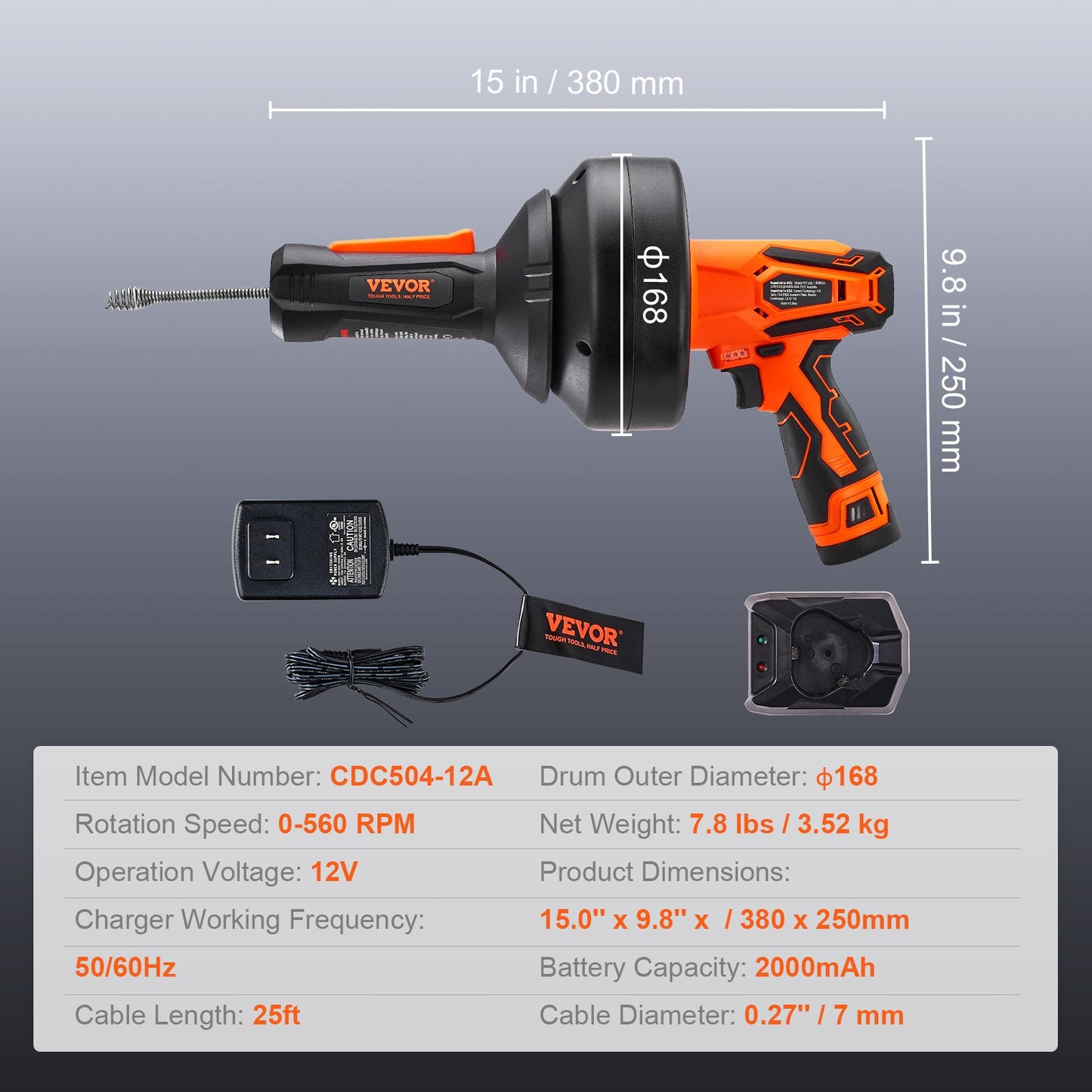 VEVOR 12V Electric Drain Auger, 25FT Cordless Plumbing Snake Auto Feed, Pipeline Snake Drain,-$50
