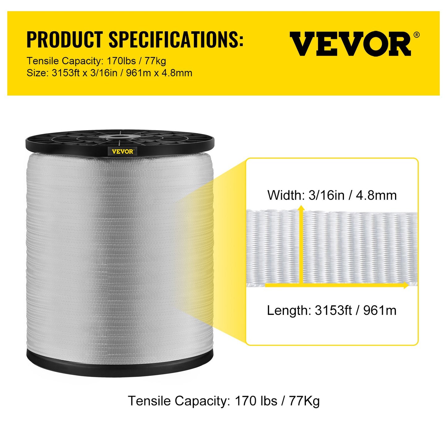 BNIB-VEVOR 170Lbs Polyester Pull Tape, 3153\' x 3/16\" Flat Tape for Wire & Cable Conduit Work,