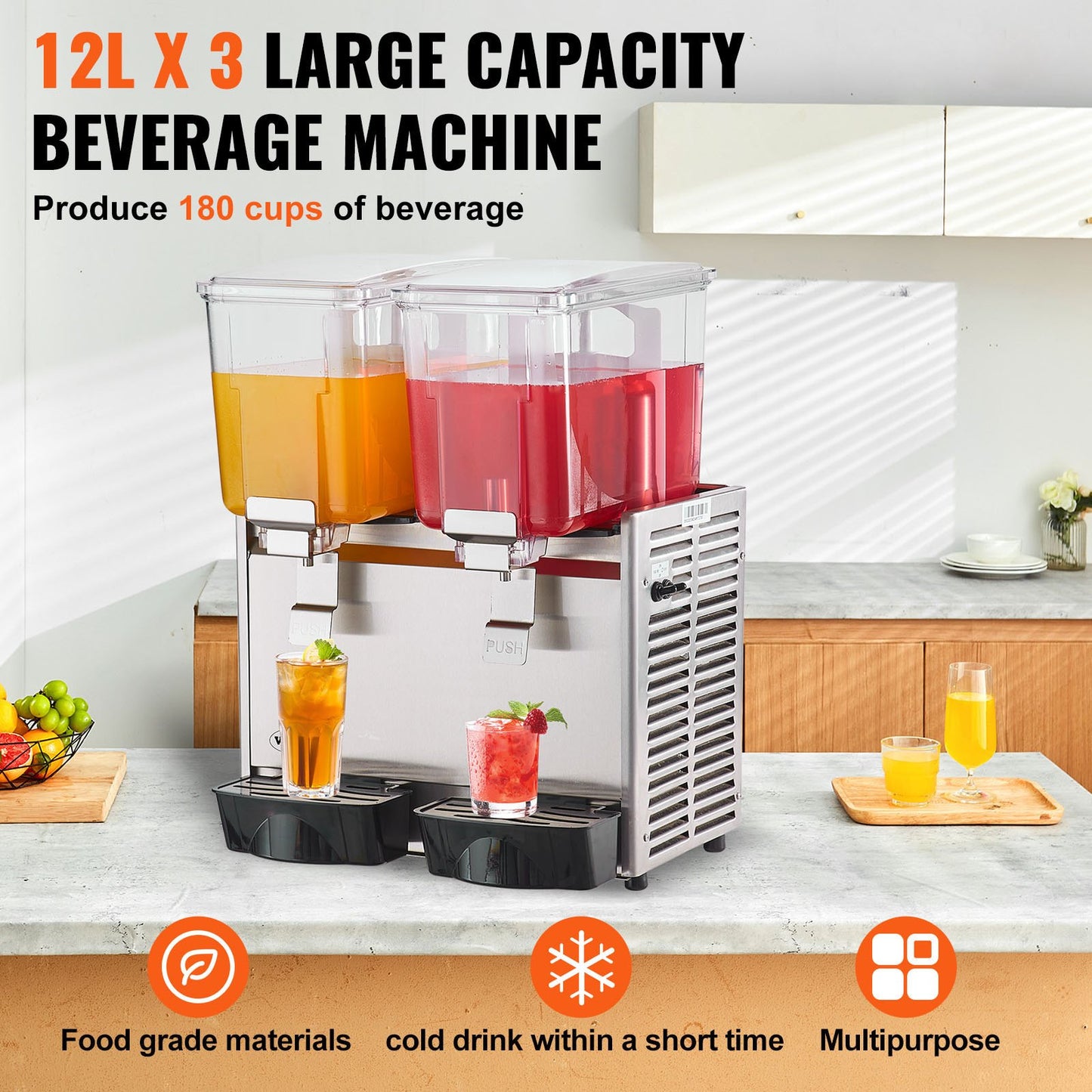 VEVOR Commercial Beverage Dispenser, 13.6 Qt 12L 3 Tanks Ice Tea Drink Machine, 620W