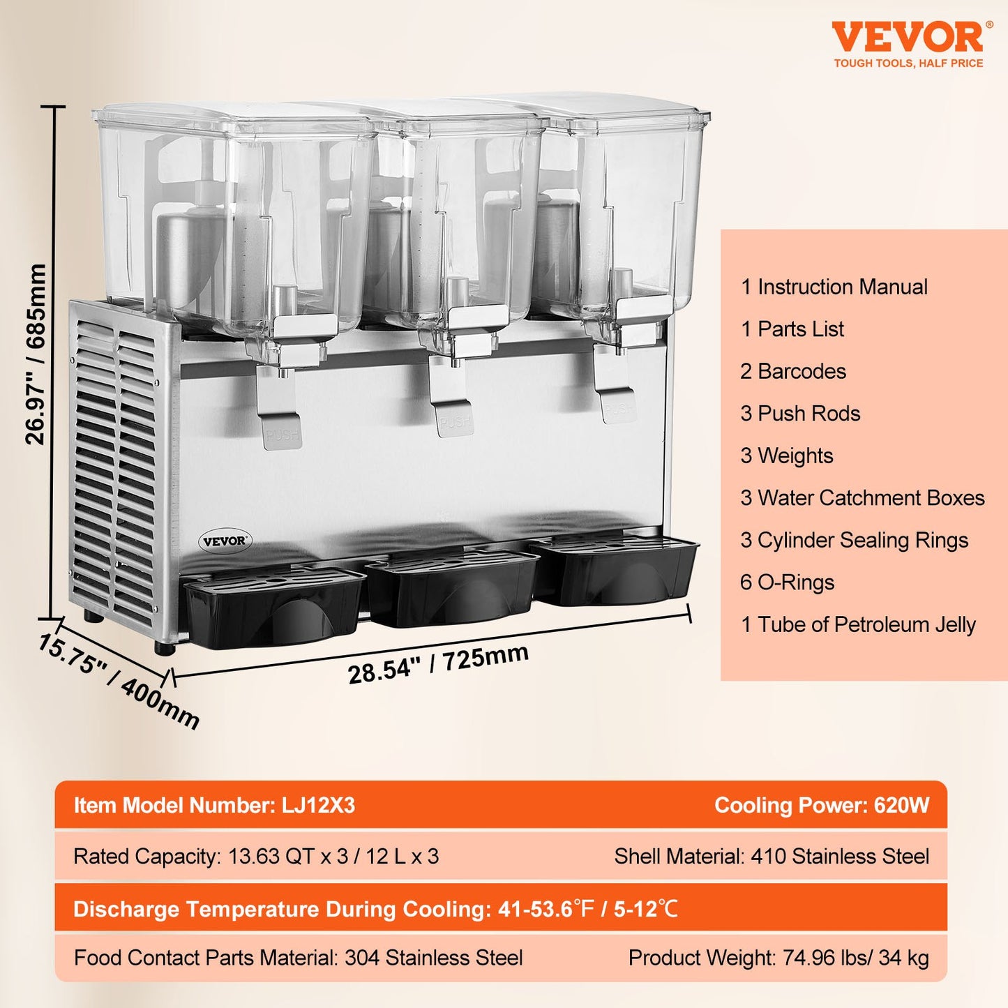 VEVOR Commercial Beverage Dispenser, 13.6 Qt 12L 3 Tanks Ice Tea Drink Machine, 620W