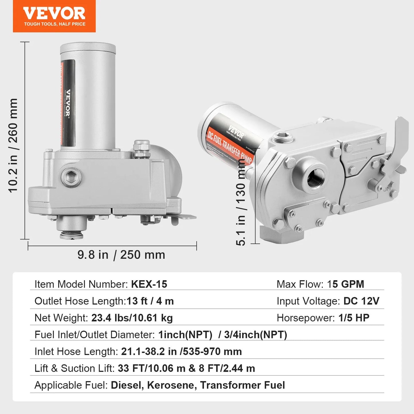 VEVOR Fuel Transfer Pump, 12V DC 15 GPM 1/5 HP, Gear-Type Electric Diesel Transfer Pump