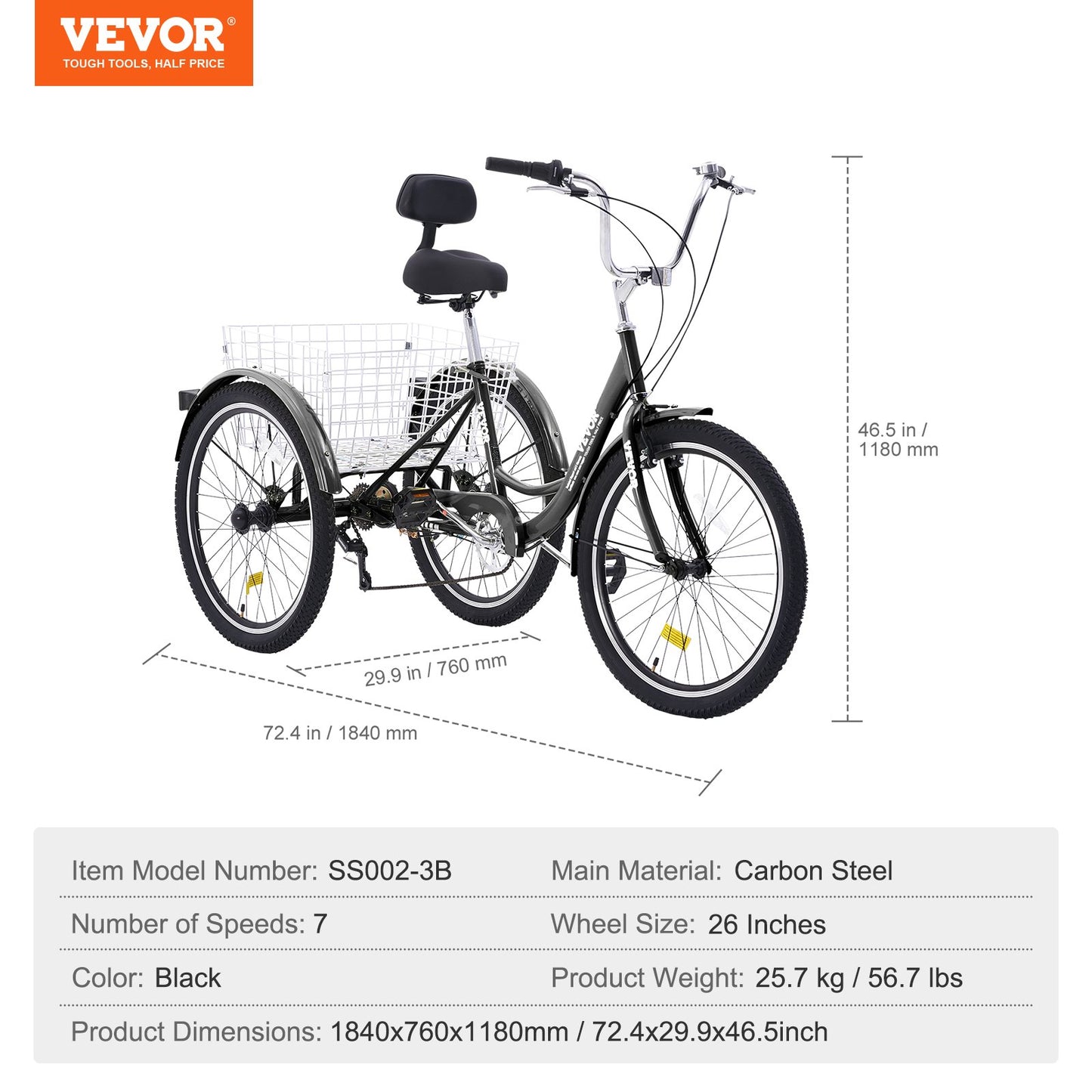VEVOR Adult Tricycles Bike, 7 Speed Adult Trikes, 26 Inch Three-Wheeled Bicycles,-$240