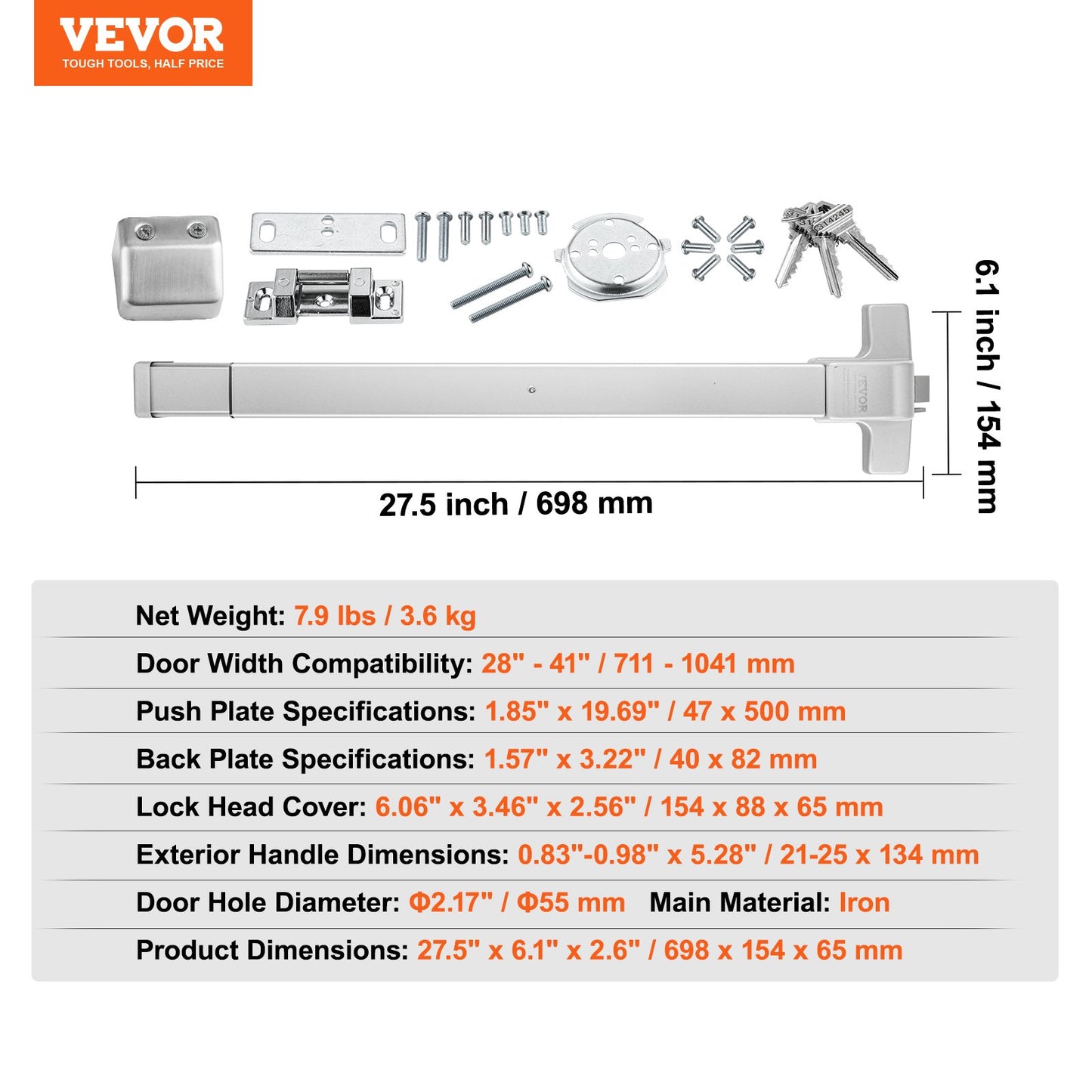 VEVOR Push Bar Door Locks, Carbon Steel Panic Bars for Exit Doors, with Exterior Lever and 3 Keys,-$50