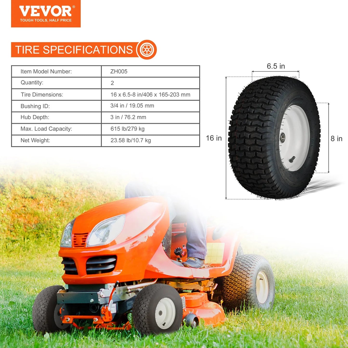 VEVOR Lawn Mower Tires with Rim, 16x6.5-8" Tubeless Tractor Tires, 2-Pack Tire and Wheel Assembly,-$100