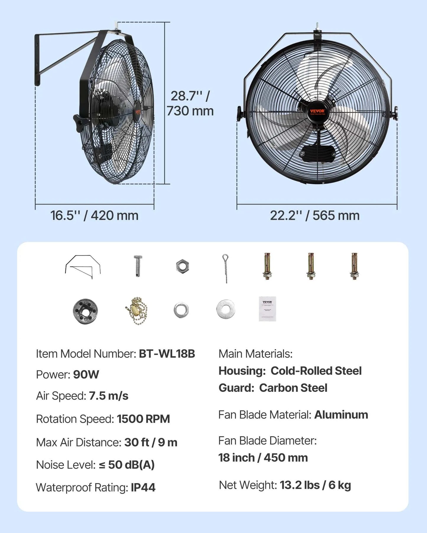 VEVOR Wall Mount Fan, 18 Inch, 3-speed High Velocity Max. 4150 CFM, Waterproof Industrial Wall Fan,-$60