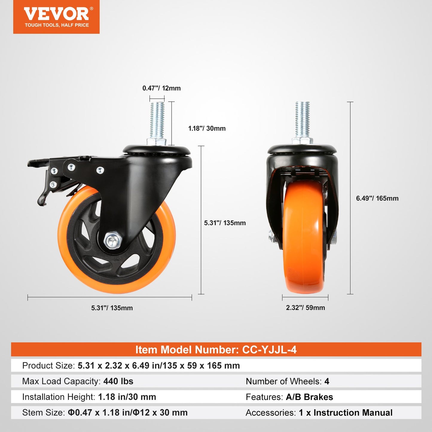 VEVOR Caster Wheels, 4 inch, Set of 4, 440 lbs Capacity, Threaded Stem Casters with Security Dual Locking,-$25