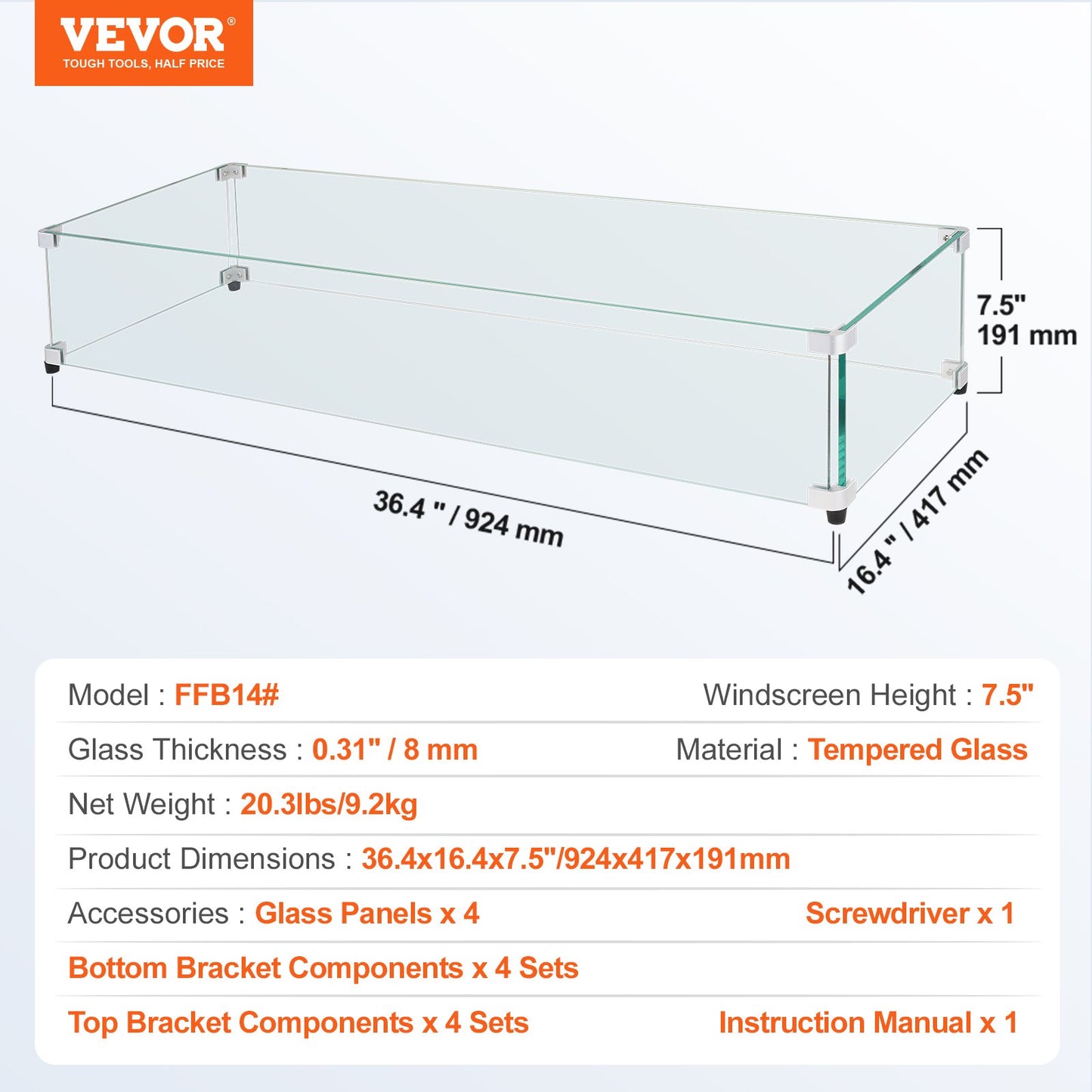 VEVOR Glass Wind Guard for Rectangular Fire Pit Table 36 x 16 x 7.5 Inch, 0.31 inch Thick,-$60